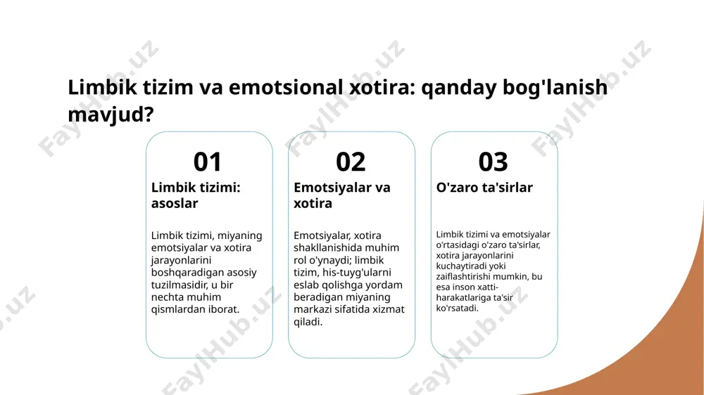 ultanov, t. r. limbik tizimining tuzilishi va funksiyalari. o'zbekiston tibbiyot akademiyasi, 2021 2. rahmonov, a. a. emotsiyalar va xotira o'rtasidagi bog'lanish. psixologiya va pedagogika jurnali, 2020 3. mamarazov, i. a. limbik tizimning evolyutsion rivojlanishi. biologiya va tibbiyot ilmiy jurnali, 2022 4. qodirov, m. m. limbik tizim va uning genezi: nazariy va amaliy jihatlar. o'qituvchi, 2023 5. ismoilov, n. x. limbik tizimi: tuzilishi, funksiyalari va rivojlanish jarayoni. o'zbekiston fanlar akademiyasi, 2022 e'tiboringiz uchun rahmat! /docprops/thumbnail.jpeg