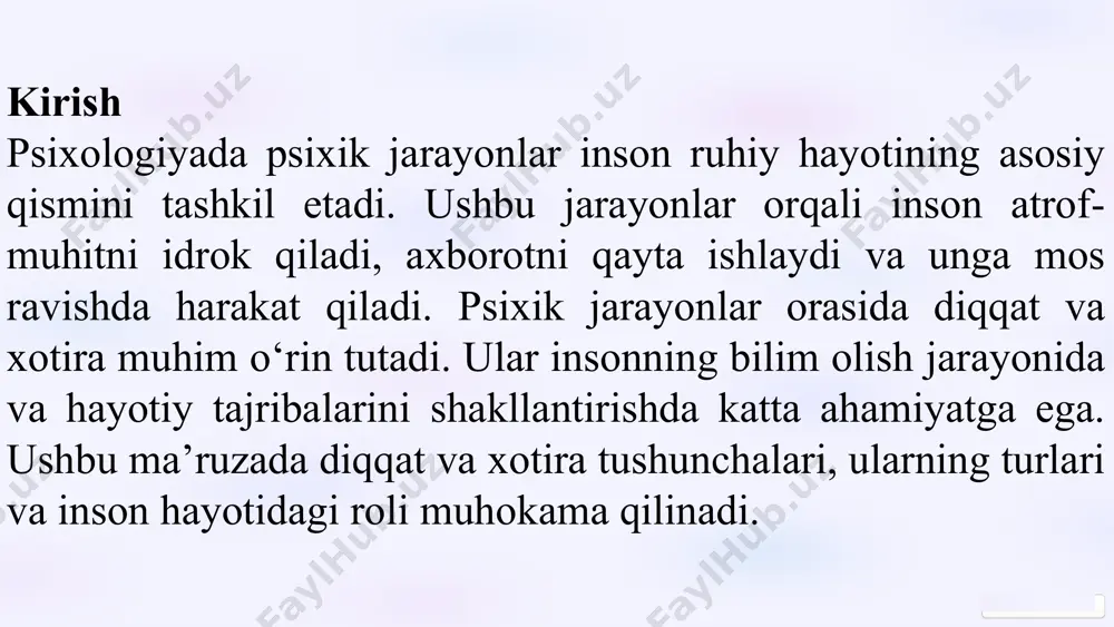 qqat va xotira bir-birini to'ldiruvchi jarayonlardir. misol: diqqat bilan o'qilgan matn yaxshiroq esda qoladi. 10 diqqat va xotira o‘zaro chambarchas bog‘liq. yuqori diqqat bilan eslab qolingan ma'lumot uzoq muddatli xotirada yaxshi saqlanadi. aksincha, diqqat yetishmovchiligi ma'lumotning tez unutilishiga sabab bo‘ladi. diqqat va xotira o‘zaro bog‘liqligi ularning o‘zaro bog‘liqligi quyidagilarda namoyon bo‘ladi: diqqatning kuchi – eslab qolish jarayonining muvaffa qiyatiga bevosita ta’sir qiladi. xotira qobiliyati – diqqatni uzoq vaqt bir joyga jamlashga yordam beradi. diqqatning tarqoqligi – eslab qolish jarayoniga salbiy ta’sir ko‘rsatadi. xotira jarayonlari: mexanizmlar esda qolish ma'lumotni qabul qilish va qayta ishlash. 1 saqlash xotira izlarining mustahkamlanishi. 2 esga tushirish ma'lumotni faollashtirish va qayta tiklash. 3 unutish xotira izlarining susayishi. 4 takrorlash orqali ma'lumotni uzoq muddatli xotiraga o'tkazish mumkin. 12 xotirani yaxshilash usullari 1 mnemonik usullar 2 ratsional tashkil etish 3 muntazam takrorlash sog'lom turmush tarzi xotirani yaxshilashga yordam beradi. misol: xaridlarni eslab qolish uchun ro'yxat tuzish. 13 diqqatni …
