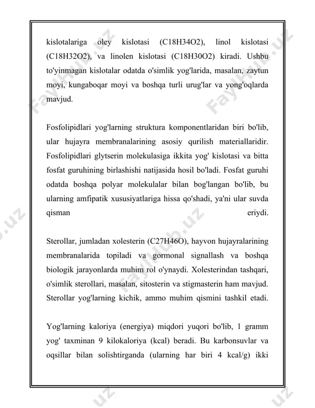 i oshiradi va hidlarni yo'q qiladi. 2. **bleykning**: bu usulda yog'larni tabiiy yoki kimyoviy adsorbentlar yordamida rangda tozalash amalga oshiriladi. masalan, faol koʻmir yoki boshqa maxsus mineral moddalardan foydalangan holda. 3. **filtrlash**: yog' tarkibidagi qattiq zarrachalar mexanik filtrlash orqali olib tashlanadi. bu usul yog'lardan oz miqdordagi aralashmalarni ajratish uchun ishlatiladi. 4. **parlanish va hidronizatsiya**: uzoqroq qaynashda yog'largiga kiruvchi vositalar bug'lash va hidronizatsiya yordamida ajratib olinadi. bu usul ko'proq sanoat miqyosida ishlatiladi. 5. **kristallizatsiya va fraktsiya ajratish**: ayniqsa, kakao va palma yog'lari kabi mahsulotlarda ma'lum fraktsiyalar, masalan, uglerod zanjirlarining turli xil qismlari, maqsadli ajratiladi. 6. **biologik toliq-tozalash**: bu jarayon biologik vositalar yordamida olib boriladi, bunda mikroorganizmlar va fermentlar vositasida yog'larning tozalanishi olib boriladi. zamonaviy bio-rafinirovka usullarida bu ko'proq ekologik toza usul ko'rib chiqiladi. yuqoridagi usullar har bir turdagi yog' uchun ularning xossalariga qarab turli kombinatsiyalarda qo'llanilishi mumkin. har bir usulning afzalliklari va cheklovlari mavjud. foydalanish maqsadiga qarab, yog'larni qayta ishlash nafaqat …
