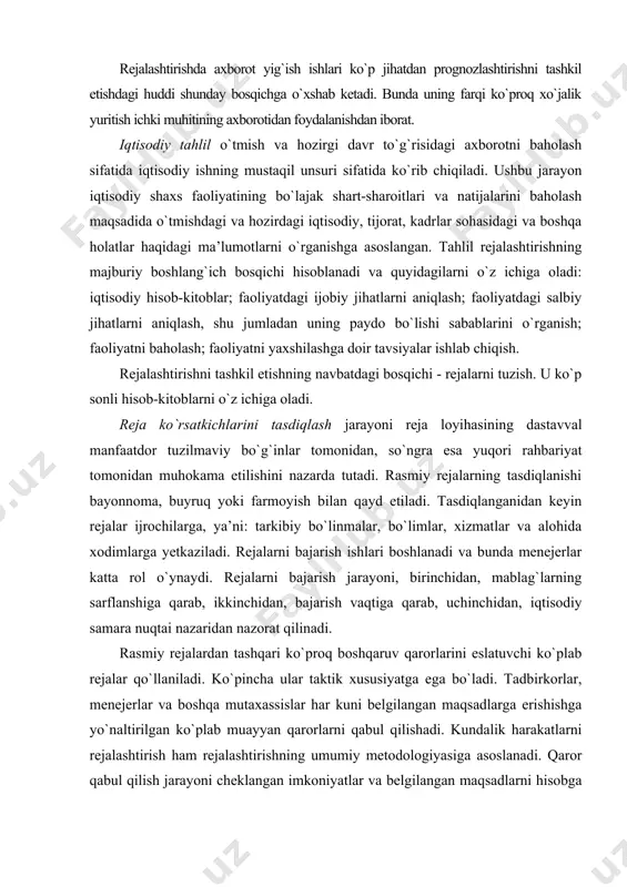 sh zarurligiga asoslanadi. rejaning mosligi va barqarorligi talablarini qarama-qarshi qo`yish rejalashtirish nazariyasidagi murakkab dilemma hisoblanadi. bir tomondan, rejani ishlab chiqish uni firma faoliyatining o`zgaruvchan sharoitlarga uzluksiz moslashtirib turishga yo`naltirilishi lozim, lekin, ikkinchi tomondan, reja haqiqatdan ham ishdagi mo`ljal sifatida xizmat qilish uchun hech bo`lmaganda ma’lum muddatga barqaror bo`lishi kerak. bunday holatni real joriy etish quyidagi yo`llar bilan murosa yo`lini topishdan iborat: 1) rejaga tuzatishlar kiritish (unga kiritiladigan tezkor o`zgartirishlarning to`planishiga qarab doimiy ravishda yoki vaqti-vaqti bilan). lekin dastlabki reja ham, tuzatishlar kiritilgan reja ham faoliyatning yakuniy maqsadlariga erishish darajasini baholash imkonini beruvchi o`zgarmas parametrlarga, mezonlarga ega bo`lishi kerak; 2) faoliyatning yakuniy maqsadlariga yoki oraliq natijalarga erishganlik uchun xodimlar mehnatini rag`batlantirish tizimini yaratish. shu munosabat bilan sobiq ittifoq davridagi ma’muriy-buyruqbozlik iqtisodiyotida qo`llanilgan reja ko`rsatkichlarini o`zgartirish amaliyotini ta’kidlash mumkin. xodimlar rejalarni bajarish yuzasidan o`z vazifalarini anglab yetishi va zarur harakatlarni amalga oshirishni o`ylab ko`rishi uchun rejalarni ijrochilar hukmiga reja davri boshlangunga qadar …