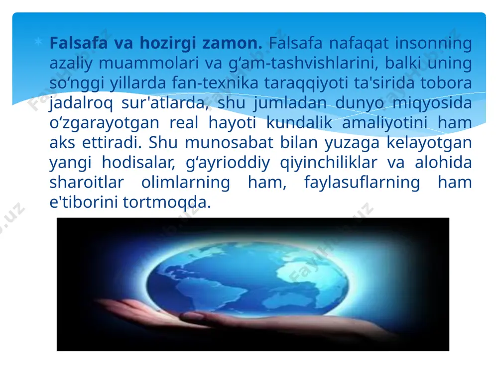 onalariga xv asr oxirlaridan boshlab duch kelish mumkin, xix asr boshiga kelib esa u amalda real shakl-shamoyil kasb etdi. bu pirovardida yagona geografik, ma'lum darajada iqtisodiy va siyosiy jahon maydoni shakllanishiga olib kelgan buyuk geografik kashfiyotlar yuz bergan davr edi. ayni shu davrda dunyoni tushunishga nisbatan geotsentrik yondashuvlar geliotsentrik yondashuvlarga o‘rin bo‘shatdi, insoniyat esa, nihoyat, kun va tunning almashishini to‘g‘ri talqin qilishga muvaffaq bo‘ldi. fan falsafadan ajralib chiqib, bilimlar to‘planishi va texnikaning rivojlanishiga kuchli turtki berdi, fan-texnika taraqqiyoti va sanoat inqilobi yuz berishiga sabab bo‘ldi. so‘nggi zikr etilgan voqyealar pirovard natijada insonning tabiatni o‘zgartiruvchi imkoniyatlari va uning atrof muhit bilan munosabatini butunlay o‘zgartirdi. fundamental globallashuv dunyo miqyosidagi aloqalar, tuzilmalar va munosabatlar yuzaga kelishi bilan bog‘liq. mazkur jarayonlar natijasida dunyo o‘zining deyarli barcha jihatlarida yaxlit bir butun organizm sifatida uzil-kesil shakllandi. fundamental deb nomlanuvchi bunday globallashuvning ilk alomatlari xix asrning ikkinchi yarmida paydo bo‘ldi, xx asr o‘rtalariga kelib esa u to‘la …