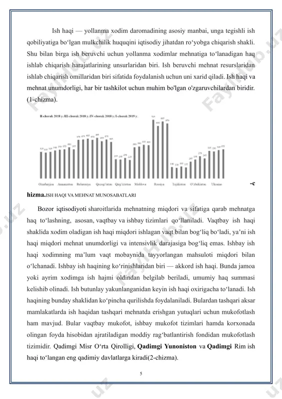 tadi(3-chizma). 3-chizma.o‘rtacha oylik nominal hisoblangan ish haqi 1,6 mln so‘mdan oshdi statistika qo‘mitasi birinchi yarim yillikda o‘rtacha oylik ish haqining yuqori miqdori 2,252 mln so‘m (toshkent), eng kami esa 1,263 mln so‘mni (namangan viloyati) tashkil etdi. yaratilgan yalpi ichki mahsulotning ma’lum qismi, ya’ni ishchi va xizmatchilarga, ya’ni ishchi kuchiga tegishli qismi uning ishlab chiqaruvchilari o‘rtasida mehnatning miqdori, sifati va unumdorligiga qarab taqsimlanadi, bu esa o‘z navbatida ish haqi deb yuritiladi. ish haqi hozirgi davrda barcha mamlakatlar iqtisodiyotida muhim o‘rin tutadi. shuning uchun ham iqtisodchi olimlar ish haqining mazmuniga katta e’tibor beradilar. ish haqining mazmunini aniqlashda turli iqtisodchilar turli tomondan yondashib, unga har xil ta’rif beradilar. qiymatning mehnat nazariyasi namoyondalari ishchi kuchini alohida, o‘ziga xos tovar deb hisoblaydi. shu sababli bu nazariya ish haqiga tovar bo‘lgan ishchi kuchi qiymatining o‘zgargan shakli, ya’ni puldagi ifodasi sifatida qaraydi va uni ishchi kuchini takror ishlab chiqarish uchun zarur bo‘lgan tirikchilik vositalari qiymati sifatida aniqlaydi. …