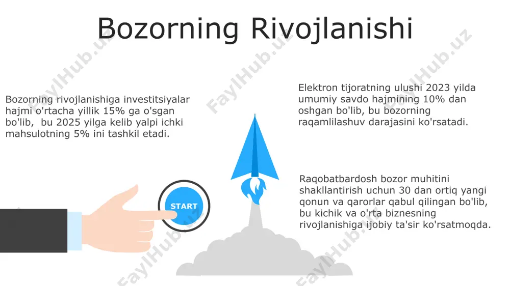 10 so'm bo'lishi mumkin. bozor tadqiqotlari bozor tadqiqotlari, 100 dan ortiq respondentlar bilan o'tkazilgan so'rovnomalar natijalariga ko'ra, iste'molchilarning 75% yangi mahsulotga qiziqish bildirgan. mahsulotning raqobatbardoshligini aniqlash uchun bozor tadqiqotlari doirasida 5 ta asosiy raqib kompaniyaning marketing strategiyasi tahlil qilindi. bozor hajmini va salohiyatini aniqlash maqsadida, so'nggi 3 yil ichida sotilgan mahsulotlar hajmi va ularning o'sish sur'ati tahlil qilindi. bozor muammolar noto'g'ri raqobat, monopoliya va oligopoliya kabi omillar bozorning samaradorligini pasaytiradi, bu esa milliy yalpi ichki mahsulotning 10-15% ga kamayishiga olib kelishi mumkin. bozordagi axborotlarning nomutanosibligi va shaffoflikning etishmasligi 20% dan ortiq biznes bitimlarining muvaffaqiyatsizligiga sabab bo'ladi va investorlarning ishonchini pasaytiradi. bozor muammolarining 30%i narxlarning beqarorligi va inflyatsiya bilan bog'liq bo'lib, bu esa iste'molchilarning xarid qobiliyatiga salbiy ta'sir ko'rsatadi va 5% kompaniyalar bankrotligiga olib keladi. bozor funktsiyalari bozor, narxlarni shakllantirish orqali, kamida 200 turdagi mahsulotlarning ta'minot va talabini muvozanatlashtiradi, bu esa iqtisodiy samaradorlikni oshiradi. bozorlar, raqobat orqali, 10% dan ortiq ishlab …
