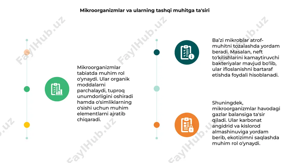 ashtirishi va organizmga zarar yetkazishi mumkin. 01. ba’zi mikroblar esa inson uchun foydalidir, ular ovqat hazm qilish jarayonini yaxshilaydi. ichak mikroflorasi balansini saqlash orqali organizmni kasalliklardan himoya qiladi. 02. tashqi muhitdagi mikroorganizmlar havo, suv va oziq-ovqat orqali inson tanasiga kirishi mumkin. shaxsiy gigiena qoidalariga rioya qilish muhim ahamiyat kasb etadi. 03. mikroorganizmlar va ekologik muvozanat 01 02 03 mikroorganizmlar tashqi muhitga bevosita ta'sir ko'rsatadi. ular tuproq hosildorligini oshirishi yoki kamaytirishi mumkin. ayrim bakteriyalar azotni fiksatsiya qilib, o'simliklar o'sishini qo'llab-quvvatlaydi. boshqa mikroorganizmlar esa organik moddalarni parchalaydi va tuproq unumdorligini oshiradi. ular ekologik muvozanatni ta'minlashda muhim rol o'ynaydi. tabiiy jarayonlarni tartibga solib turadi. ba'zi mikroblar esa zararli gazlar ishlab chiqarib, atmosferaga ta'sir qiladi. ularning faoliyati inson va hayvonlar salomatligiga ham ijobiy yoki salbiy ta'sir ko'rsatadi. e’tiboringiz uchun rahmat image1.jpg