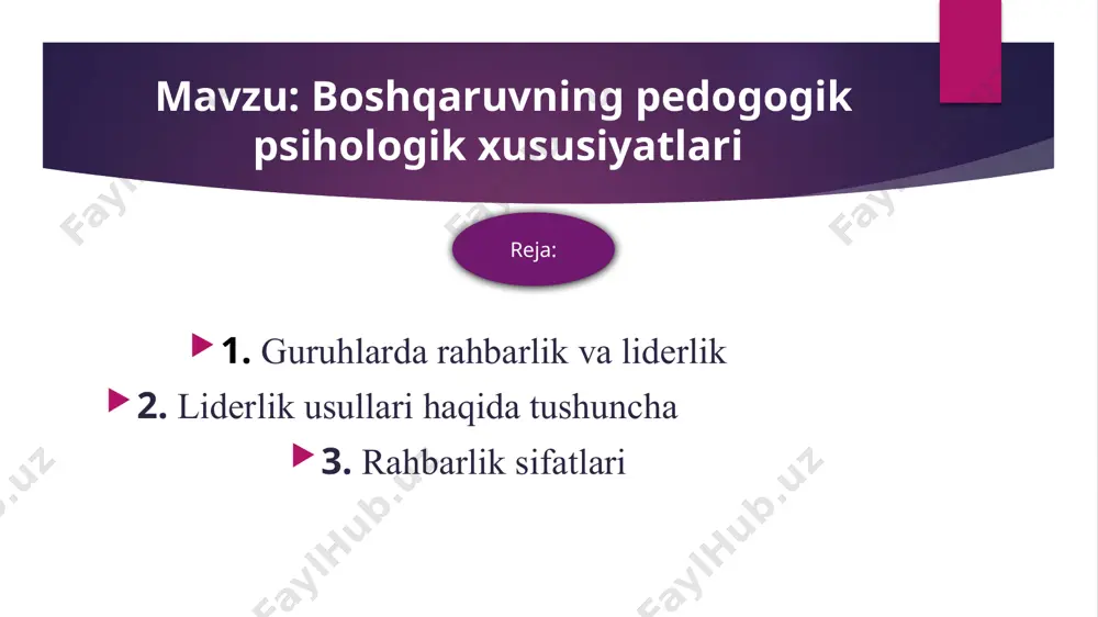 o‘lganligi bois mavjud bo‘lib, uning xodimlar bilan o‘zaro muloqoti ahamiyatga ega emas. xodimlar bunday sharoitda «falon yerda ishlayman» degan iborani ko‘proq ishlatishadi; 2. psixologik jabha – bu xodimlar tomonidan rahbarning yetakchiligi (https://fayllar.org/rahbarning-muloqot-samaradorligi-reja--rahbarning-muloqoti-sam.html), ish-faoliyat mobaynida orttirgan obro‘si, nufuzi orqasidan ularga ta’sir ko‘rsata olish qobiliyatini nazarda tutadi. xodimlar o‘zaro «men falonchi rahbar bilan ishlayman» iborasini mamnuniyat bilan ta’kidlashadi1. e’tiboringiz uchun raxmat image1.jpeg image2.jpg image3.png image4.jpg image5.jpg /docprops/thumbnail.jpeg