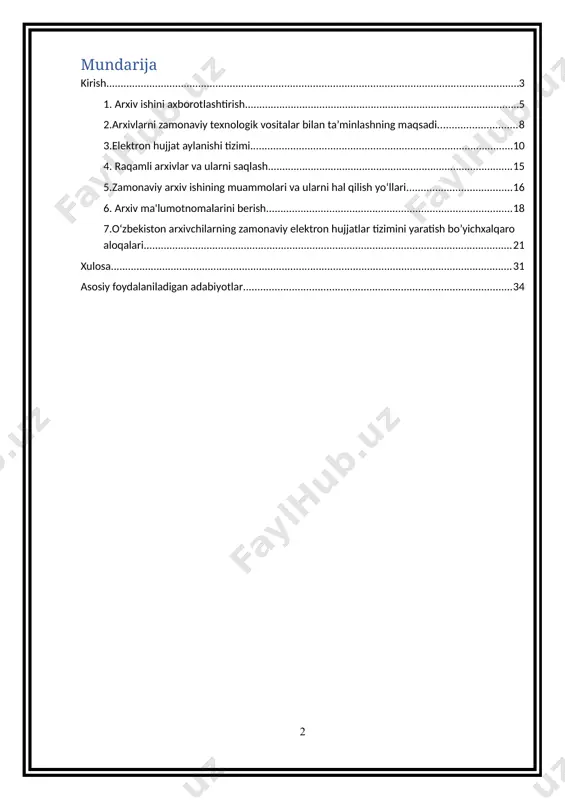 ‘zbekiston respublikasida ham arxiv tizimini rivojlantirish, hujjat aylanishi samaradorligini oshirish va raqamli texnologiyalarni keng joriy etish choralari ko‘rilmoqda. shu jarayonda elektron baza tizimlari arxivshunoslik va hujjatshunoslikda eng muhim vositalardan biri sifatida o‘z o‘rnini mustahkamlab bormoqda. raqamli arxivlar tizimlarining rivojlanishi natijasida arxiv hujjatlarini tartiblash, ularni izlash va tahlil qilish imkoniyatlari ancha yaxshilanadi. ayniqsa, davlat arxivlari va ilmiy muassasalarda raqamli arxivlar tizimlarini yagona tizimga solish orqali hujjatlar aylanishini avtomatlashtirish imkoniyatlari kengaymoqda. bu holat mavzuning dolzarbligini yanada oshiradi va uning ilmiy-amaliy aharniyatini belgilaydi. mavzuning o‘rganilganlik darajasi. arxivshunoslik va hujjatshunoslik fanlari doirasida raqamli arxivlar tizimlari bo‘yicha mahalliy va xorijiy olimlar tomonidan bir qator tadqiqotlar olib borilgan. olimlarning ilmiy ishlari raqamli arxivlarning nazariy asoslari va arxiv amaliyotidagi qo‘llanishini yoritishga bag‘ishlangan. xalqaro tajribada esa rossiya, aqsh va yevropa davlatlari arxivchilari raqamli arxivlar tizimlari, kataloglashtirish va elektron hujjat aylanishi yo‘nalishlarida keng qamrovli tadqiqotlar olib borganlar. shunga qaramay, o‘zbekiston respublikasi markaziy davlat arxivida amalga oshirilgan raqamli arxivlar amaliyoti …
