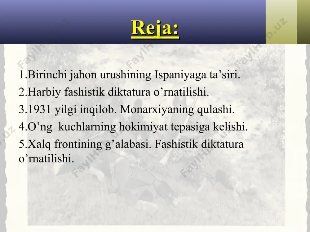 rxiyani tugatishni, ta'sis majlisi chaqirishni va respublika hukumatini tuzishni talab qildilar. ish tashlash shiddatli ko'cha janglariga aylanib ketdi. hukumat mamlakatda qamal e'lon qildi va armiyaning kuchi bilan tartib o'rnatdi. 1918—1920-yillarda ispaniyada inqilobiy harakat to'lqini yanada kuchaydi. bu hol hukmron doiralarni sarosimaga solib qo'ydi. shu yillar davomida hukumat 8 marta almashdi. hukumat yetilgan dolzarb ijtimoiy muammolarni hal etishga ojizlik qildi. hukumat ijtimoiy harakatni bostirish uchun qanchalik harakat qilmasin, baribir, qator talablarni bajarishga majbur bo'ldi. chunonchi, 1920-yilning aprel oyidan boshlab 8 soatlik ish kuni joriy etildi. ish haqi oshirildi, bolalar mehnati taqiqlandi. qarilik va nogironlik sug'urtalari joriy etildi. ayni paytda hukmron doiralarning qo'llab-quvvatlashi natijasida ispan fashistlari o'z qurolli tashkilotlarini tuza boshladilar. ularning asosiy vazifasi xalq harakatini bostirish edi. hukumatning shafqatsiz terrori tufayli 1921-yilga kelib ijtimoiy harakatning pasayishiga erishildi. biroq bu hoi ko'pga cho'zilmadi. mustamlakalarda ham harakat kuchaydi. 1921-yilning iyunida hukumat ispaniyaning mustamlakasi — marokashda boshlangan milliy-ozodlik harakatini bostirish uchun armiya yubordi. biroq …