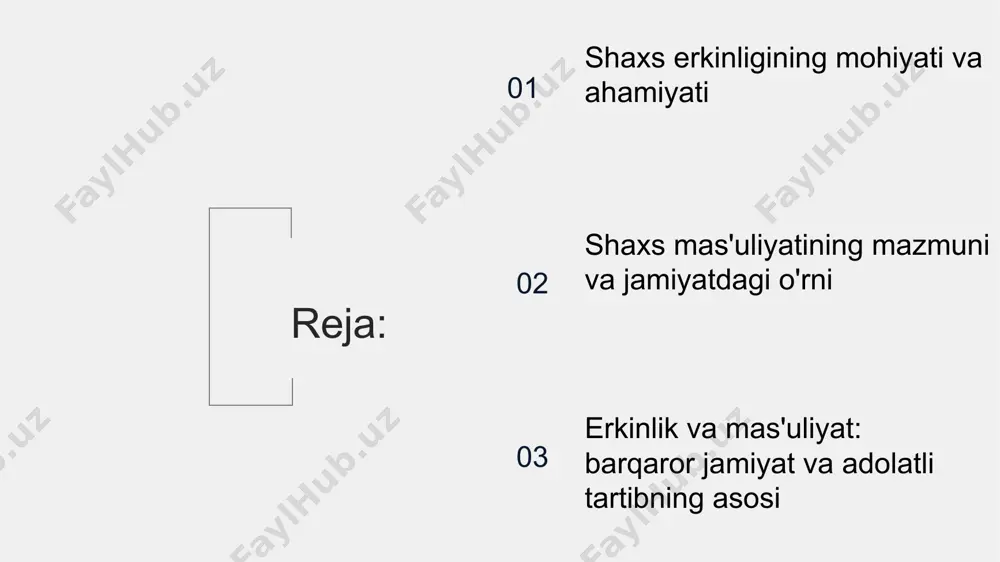ish joyini mustaqil tanlash huquqiga ega bo‘lishi. 5. vijdon erkinligi insonning e’tiqod erkinligi va diniy qarashlarni tanlash huquqidir. har bir shaxs o‘z diniy e’tiqodini mustaqil tanlaydi yoki umuman dinga ishonmaslik huquqiga ega. masalan: turli konfessiyalar va dinlarga erkin ishonish yoki hech birini tanlamaslik. 6. ma'naviy erkinlik shaxsning o‘z dunyoqarashi, hayotiy maqsadlari va qadriyatlarini mustaqil shakllantirish huquqi. bu shakl insonni ijodkorlikka, o‘zini rivojlantirishga undaydi. masalan: shaxs o‘zining hayot tamoyillarini va ma’naviy qadriyatlarini mustaqil ravishda tanlaydi va amal qiladi. xulosa o'rnida shuni ta'kidlash joizki, shaxs erkinligi insonning o‘zligini anglashida va jamiyatda faol ishtirok etishida hal qiluvchi o‘rin tutadi. erkinlik – bu faqat istaganini qilish emas, balki ongli ravishda tanlov qilish va uning natijalari uchun mas'uliyatni o‘z zimmasiga olishdir. shaxsning axloqiy, huquqiy, siyosiy va ma’naviy erkinliklari bir butun bo‘lib, jamiyatning barqaror taraqqiyotiga xizmat qiladi. chunki erkin va mas’uliyatli inson jamiyatga foydali bo‘ladi, adolat va taraqqiyot asoslarini mustahkamlaydi. 02 har birimiz hayotimizda kamida bir …