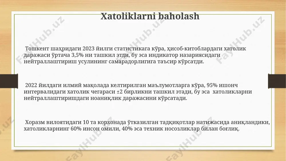 лди, бу эса самарали натижаларни кўрсатди. xulosa va tavsiyalar qashqadaryo viloyatida amalga oshirilgan loyiha 7 ta muhim ko'rsatkichga ta'sir ko'rsatib, ularning 30% ini ijobiy o'zgartirdi, bu esa 2024 yil uchun rejalashtirilgan maqsadlarga erishishga imkon beradi. tadqiqot natijalari shuni ko'rsatdiki, samarqand viloyatida 5 ta ko'rsatkich neutralizatsiya usuli yordamida 20% ga yaxshilandi, bu esa iqtisodiy samaradorlikni 15% ga oshirdi. o'zbekistonning 3 ta yirik shahrida qo'llanilgan usul natijasida, atrof-muhit ifloslanishi darajasi 10 balldan 6 ballga kamaydi, bu esa ekologik holatni yaxshilashga yordam beradi. sezgirlik tahlili sezgirlik tahlili natijalari, toshkentdagi 100 ta korxonaning moliyaviy koʻrsatkichlarini tahlil qilib, 30% ga yaqinining inflyatsiyaga yuqori darajada sezgirligini koʻrsatdi. 2022 yilgi hisobotlarga koʻra, samarqand viloyatida oʻtkazilgan sezgirilk tahlili, paxta yetishtirish hajmining 15% gacha qurgʻoqchilikka bogʻliqligini aniqladi. sezgirlik tahlili, 2023-yilda oʻzbekistonning 5 ta yirik shaharlarida amalga oshirilgan tadqiqotlar natijalariga koʻra, iqtisodiy koʻrsatkichlarning 80% ga yaqini tashqi omillarga sezgir ekanligini aniqladi. matematik modellashtirish o'zbekistonning 5 ta viloyatida paxta hosilini bashorat …