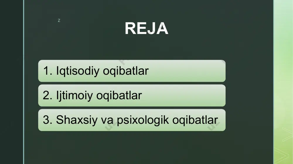 b keladi. ijtimoiy adolatsizlik hissi: ish topa olmaslik jamiyatda adolatsizlik va norozilik his-tuyg‘ularini kuchaytiradi. bu, o‘z navbatida, odamlar orasida ishonchning pasayishiga, sinfiy ajralishlarga va ijtimoiy barqarorlikning zaiflashishiga olib kelishi mumkin. jinoyat darajasining oshishi: ishsizlik ko‘pincha ijtimoiy va iqtisodiy qiyinchiliklarga olib keladi, bu esa ba’zi shaxslarni jinoyat faoliyatiga jalb qilishi mumkin. moliyaviy qiyinchiliklar va umidsizlik jinoyat va noqonuniy faoliyatga intilish ehtimolini oshiradi. ijtimoiy beqarorlik va norozilik: keng tarqalgan ishqilib turish ijtimoiy beqarorlik va norozilikka sabab bo‘lishi mumkin. jamiyatda norozilik va norozilik namoyon bo‘lishi, ko‘pincha, ijtimoiy tartib va xavfsizlikka tahdid soladi. oilaviy stress va nizomlar: ishsizlik oilaviy daromadning pasayishiga olib keladi, bu esa kundalik ehtiyojlarni qoplashda muammolarga sabab bo‘ladi. natijada, oilaviy munosabatlar zaiflashishi, nizolar va hatto ajralish holatlari yuzaga kelishi mumkin. jamoaviy integratsiyaning susayishi: ijtimoiy va iqtisodiy qiyinchiliklar jamoalarda ham izolyatsiya va ajralishlarga olib keladi. bu esa jamoaviy ishonch va qo‘llab-quvvatlash tarmog‘ining pasayishiga sabab bo‘ladi, natijada butun jamiyatdagi ijtimoiy birlashuvning zaiflashishiga olib …