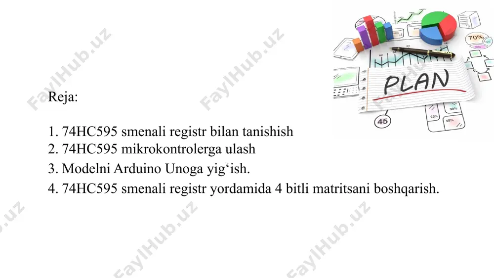 an o‘chiriladi. aniqlash kerak bo‘lgan birinchi narsa, ikkilik kodni bilmaganlar uchun "bit" tushunchasi. biz "bit" haqida gapirganda, biz ikkilik qiymatni tashkil etuvchi raqamlardan birini nazarda tutamiz. oddiy raqamlardan farqli o‘laroq, biz odatda birinchi bitni eng katta deb hisoblaymiz. shunday qilib, agar biz 10100010 ikkilik qiymatini olsak, birinchi bit aslida 0 va sakkizinchi bit 1 ga teng. shuni ham ta'kidlash kerakki, agar bu nazarda tutilmagan bo‘lsa, har bir bit faqat 0 yoki 1 bo‘lishi mumkin. chipda chiqish uchun ishlatilishi mumkin bo‘lgan sakkizta pin bor, ularning har biri registrda bir oz bog‘liq. 74hc595 smenali registrda biz ularni qadan qhgacha ko‘rib chiqamiz. bu chiqishlarni arduino orqali yozish uchun biz smenali registrga ikkilik qiymatni yuborishimiz kerak va shu raqamdan smenali registr qaysi chiqishlardan foydalanish kerakligini aniqlay oladi. masalan, agar biz 10100010 ikkilik qiymatini yuborsak, yuqoridagi rasmda yashil rangda ajratilgan kontaktlar faol bo‘ladi, qizil rangda ajratilganlar esa faol bo‘lmaydi. bu shuni anglatadiki, eng o‘ng bit …