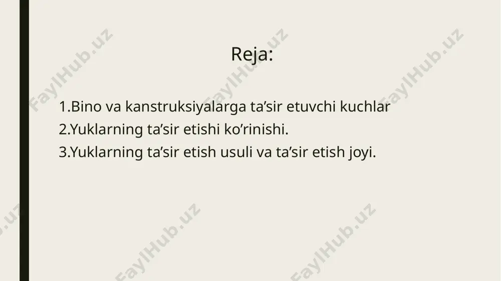 ng davomiyligiga qarab statik va dinamik yuklarga bo‘linadi. statik yuklar inshoot yoki uning elementlariga shunchalik ohista qo‘yiladiki, natijada elementlarda hosil bo‘ladigan tezlanishlarning qiymatini hisobga olmasa bo‘ladigan darajada kichik bo‘ladi. dinamik yuklar ta’sirida inshoot va uning elementlarida tezlanish uyg‘onadi, bu esa o‘z navbatida tebranishlarning vujudga kelishiga sababchi bo‘ladi. ta’sir etish ko‘rinishiga qarab yuklar doimiy va muvaqqat (vaqtincha) bo‘lishi mumkin. muvaqqat yuklarning o‘zi o‘z navbatida, uzoq muddatli, qisqa muddatli va maxsus yuklarga bo‘linadi. doimiy yuk inshootning xizmat qilish muddati mobaynida o‘z qiymati va yo‘nalishini o‘zgartirmagan holda mutassil ta’sir etib turadi. bunga inshootning xususiy og‘irligi, tuproq va suv bosimi kabilar misol bo‘la oladi. uzoq muddatli muvaqqat yuklarga uzoq vaqt xizmat qiladigan turli jihozlar(masalan kutubxonadagi kitoblar), omonat pardevorlar va boshqalar kiradi. qisqamuddatli muvaqqat yuklar toifasiga shamol, iqlimiy harorat ta’siri, shuningdek qor, odamlar va mebellarning og‘irligi kabilar kiradi. zilzila va portlash ta’sirlari, gruntlarning notyokis cho‘kishi – maxsus (osobiy) muvaqqat yuklarga kiradi. ta’sir etish usuliga ko‘ra …