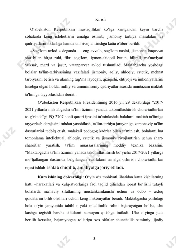 ning hyech bir chegarasi yo‘q. kurs ishining maqsadi: mttda bolalarga xalq o‘yinlari orqali jismoniy barkamollikni tarbiyalash usullarini metodologiyasini o‘rganish. kurs ishining vazifasi: 1. o‘rganilayotgan muammo bo‘yicha psixologik – pedagogik, metodik adabiyotlarni o‘rganish va tahlil qilish. 2. maktabgacha ta'lim muassasalari tarbiyalanuvchilarining tafakkurini shakllantirishda o‘yinlarni tashkil qilishda zamonaviy ta'lim metodlar samaradorligini o‘rganish. kurs ishining predmeti: maktabgacha ta'lim muassasalarida o‘yinlardan foydalanish ishlarining pedagogik tizimi. kurs ishining ob'ekti: o‘yinlardan foydalanish jarayoni. kurs ishining tadqiqot metodlari: tadqiqot mavzusiga doir falsafiy, pedagogik, psixologik, metodik adabiyotlarni, hukumatimizning rasmiy hujjatlarini o‘rganish va tahlil qilish; - amaliyotda bolalarni ekologik tarbiyaga oid dastur, o‘quv va metodik qo‘llanmalarni ilmiy-pedagogik jihatdan tahlil etish; kurs ishining tuzilmasi: kirish, 2 bob, 5 paragraf, xulosalar, foydalanilgan adabiyotlar ro‘yxatidan iborat. 1. bob mttda bolalarga xalq o‘yinlari orqali jismoniy barkamollikni tarbiyalash 1. 1 aqliy tarbiya haqida tushuncha aql – keng ma'noda sezish va idrok etishdan boshlanib tafakkur va hayotni ӯz ichiga oladigan bilish jarayonlari yig‘indisidir. aqliy tarbiya …