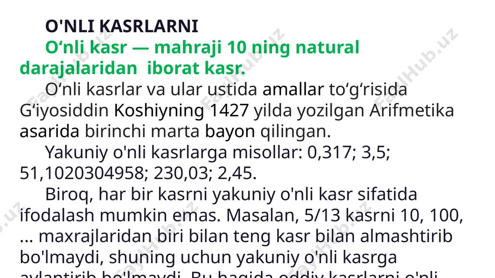 o'nlik kasrdagi 3 raqami o'ndan uch qismini, 0,0003 o'nli kasrda - uch o'n mingdan bir qismini va 30 000,152 o'nlik kasrda - uch o'n mingni anglatadi. shunday qilib, biz gaplashishimiz mumkin kasrlar, shuningdek natural sonlardagi raqamlar haqida. o'nli kasrdagi o'nli kasrgacha bo'lgan raqamlarning nomlari natural sonlardagi raqamlarning nomlari bilan to'liq mos keladi. o'nli kasrdan keyingi kasrlarning nomlarini esa quyidagidan ko'rish mumkin.. masalan, 37,051 o‘nlik kasrda 3 raqami o‘nlik, birliklar qatorida 7, o‘ninchi o‘rinda 0, yuzinchi o‘rinda 5, minglik qatorida 1 raqami. o'nli kasrlardagi o'rinlar ham ustunlik jihatidan farq qiladi. agar o'nli kasrni yozishda biz raqamdan raqamga chapdan o'ngga o'tsak, u holda biz 0 dan harakat qilamiz. masalan, yuzlar o‘rinlari o‘ninchi o‘rinlardan kattaroq, millionlar o‘rinlari esa yuzinchi o‘rinlardan pastroq. berilgan yakuniy o'nlik kasrda biz katta va kichik raqamlar haqida gapirishimiz mumkin. masalan, o'nlik kasrda 604,9387 katta (eng yuqori) joy yuzlab joy, va kichik (eng past)- o'n minglik raqam. o'nli kasrlar uchun …