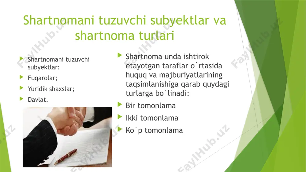 bo`lgan qoidalar o`zbekiston respublikasi hukumati tomonidan chiqariladi. qo`shilish shartnomasi shartlarini taraflardan biri formulyar yoki standart shakllarda ta’riflangan hamda ikkinchi taraf faqat taklif qilingan shartnomaga butunlay qo`shilishi yo`li bilan qabul qilishi mumkin bo`lgan shartnoma qo`shilish shartnomasi deyiladi. dastlabki shartnoma dastlabki shartnoma bo`yicha taraflar kelgusida mol-mulk berish, ishlar bajarish yoki xizmatlar ko`rsatish haqida majburiyat olinadi. dastlabki shartnoma asosiy shartnoma uchun belgilangan shaklda tuziladi, bordi-yu asosiy shartnomaning shakli aniqlanmagan bo`lsa, u holda yozma tuziladi. dastlabki shartnomaning shakli to`g`risidagi qoidalarga amal qilmaslik uning haqiqiy sanalmasligiga sabab bo`ladi. dastlabki shartnomada taraflar qancha muddatda asosiy shartnoma tuzish majburiyatini olishi ko`rsatiladi. agar dastlabki shartnnomada bunday muddat ko`rsatilmagan bo`lsa, asosiy shartnoma dastlabki shartnoma tuzilgan paytdan boshlab 1yil ichida tuzilishi shart. uchinchi shaxs foydasiga tuziladigan shartnoma taraflar qarzdor ijroni kreditorga emas, balki shartnomada ko`rsatilgan yoki ko`rsatilmagan, qarzdordan majburiyatni o`z foydasiga bajarishni talab qilish huquqiga ega bo`lgan uchinchi shaxs bajarishi majbur deb belgilab qo`ygan shartnoma uchinchi shaxs foydasiga tuzilgan shartnoma …