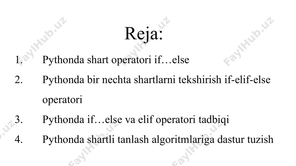 o‘luvchisi (ekub) ni aniqlang. 3-masala. ikkita x va y sonlarning kattasini tanlash (ekt) dasturini tuzing. 4-masala. quyidagi funksiyani hisoblang: x>0 bo‘lganda 1 ga teng; x=0 da nolga teng; x<0 da -1 ga teng. 5-masala. uchta sonning berilgan, ularninig eng kattasi (ekt) ni toping. 6-masala. koordinatalari berilgan m(x,y) nuqtaning koordinata tekisligining qaysi choragida ekanligini aniqlaydigan dastur tuzing. python da shartli tаnlаsh algoritmlariga dastur tuzish 1-masala. 1-7 gacha bo‘lgan butun sonlar berilgan. kiritilgan songa mos ravishda hafta kunlarini so‘zda ifodalovchi dastur tuzing. (1-dushanba.2-chorshanba....h.k) 2-masala. k butun soni berilgan. baho natijalarini chiqaruvchi dasturini tuzing.(1-yomon, 2-qoniqarsiz, 3- qoniqarli, 4-yahshi, 5-a’lo). agar k soni 1-5 gacha oraliqqa tegishli bo‘lmasa, u holda “xato 1 dan 5 gacha raqam kiriting!” matni chiqarilsin. 3-masala. a, в haqiqiy butun soni va k-amal tartib raqami berilgan. a va в sonlari ustida arifmetik amallar bajaruvchi dastur tuzing. k-amal quyidagi qiymatlarni qabul qiladi: 1-qo‘shish, 2-ayirish, 3-bo‘lish, 4- ko‘paytirish. 4-masala uzinlik birliklari quyidagi …