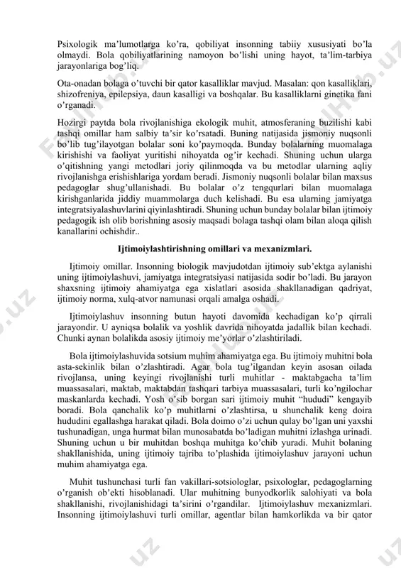 ganizmi, asab tizimi, miya va his-tuygʼu organlari, shuningdek, qomat tuzilishi, soch, teri rangi oʼtadi. bular insonni boshqa insonlardan ajratib turuvchi tashqi omillar hisoblanadi. shuningdek irsiyat boʼyicha nerv faoliyatini rivojlantiradigan nerv xususiyatlari ham oʼtishi mumkin. irsiyat bolaning tabiiy xususiyatlari asosida biror-bir faoliyat sohasida muayyan qobiliyatlarining shakllanishini koʼzda tutadi. psixologik maʼlumotlarga koʼra, qobiliyat insonning tabiiy xususiyati boʼla olmaydi. bola qobiliyatlarining namoyon boʼlishi uning hayot, taʼlim-tarbiya jarayonlariga bogʼliq. ota-onadan bolaga oʼtuvchi bir qator kasalliklar mavjud. masalan: qon kasalliklari, shizofreniya, epilepsiya, daun kasalligi va boshqalar. bu kasalliklarni ginetika fani oʼrganadi. hozirgi paytda bola rivojlanishiga ekologik muhit, atmosferaning buzilishi kabi tashqi omillar ham salbiy taʼsir koʼrsatadi. buning natijasida jismoniy nuqsonli boʼlib tugʼilayotgan bolalar soni koʼpaymoqda. bunday bolalarning muomalaga kirishishi va faoliyat yuritishi nihoyatda ogʼir kechadi. shuning uchun ularga oʼqitishning yangi metodlari joriy qilinmoqda va bu metodlar ularning aqliy rivojlanishga erishishlariga yordam beradi. jismoniy nuqsonli bolalar bilan maxsus pedagoglar shugʼullanishadi. bu bolalar oʼz tengqurlari bilan muomalaga …