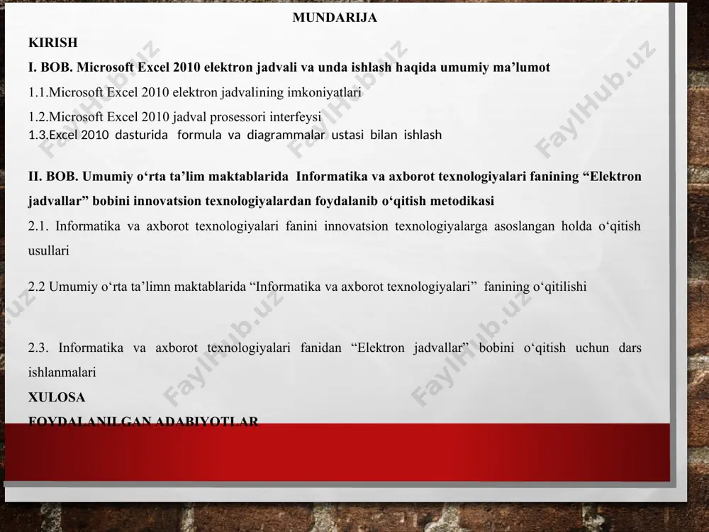 ishlab chiqarish tarmoqlarini tashkil etishda, innavatsion va axborot kommunikatsiya texnologiyalar bilan ishlash zaruriyati tug‘ilmoqda o‘zbekiston respublikasida uzluksiz ta’lim sistemasining bosqichlaridan bo‘lgan umumiy o‘rta ta’limda informatika fanining o‘qitilishi jumladan, “10-sinfida “microsoft excel 2010da amallar va formulalar” bobini o‘qitish mavzularini kompyuter texnologiyalari hamda innovatsion texnologiyalar yordamida o‘qitishning afzalliklarini ochib berish. o‘zbekiston respublikasida uzluksiz ta’lim tizimining bosqichlaridan bo‘lgan umumiy o‘rta ta’lim o‘quvchilari tomonidan informatika fani jumladan, “microsoft excel 2010da amallar va formulalar” bobiga mos mavzularni o‘rganishda quyidagilarni o‘zlashtirishlari lozim: 1.microsoft excel 2010ning imkoniyatlari. 2.microsoft excel 2010 ish stoli. 3. “microsoft excel 2010da amallar va formulalar” bobi mavzularini o‘rganish uchun darslarni tashkil etishni. bunda o‘quvchilar qamrab oladigan bilim, ko‘nikma va malakalarining mohiyati va o‘ziga hos xususiyatlari ochib berildi. bitiruv malakaviy ishining vazifalari bitiruv malakaviy ishining o‘rganilganlik darajasi – mazkur bitiruv malakaviy ishida “microsoft excel 2010da amallar va formulalar” bobi bo‘yicha darslarni tashkil etish va o‘qitilishi to‘g‘risida so‘z yuritiladi. ushbu malakaviy ishni tayyorlash jarayonida microsoft …