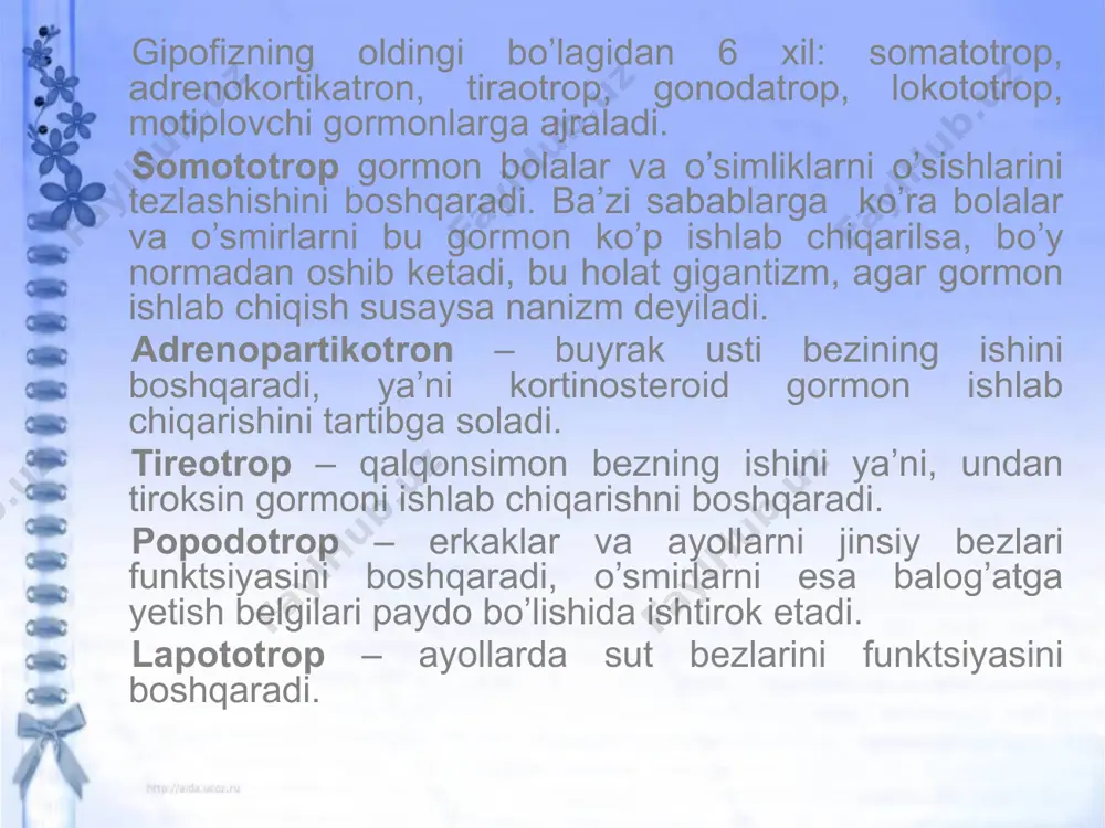yo’qolib, oxiri o’limga olib keladi. glyukokartikoid tufayli organizm jismoniy nagruzkalarga moslashadi, yog’ va oqsil zarrachalarida parchalab, organizm ehtiyoji uchun sarflaydi, glyukogen ko’payib zapasga o’tishi kuzatiladi. tashqi tomondan har xil ta’sirlari yuborilganda organizmda o’ziga xos spetsifik o’zgarishlar ro’y beradi. bunga ichki muhitda o’zgarishi va boshqalarni olishimiz mumkin. shuning bilan bir qatorda kuchli ta’sirga nisbatan umumiy pospetsifik o’zgarishlar ham sodir bo’ladiki, bu umumiy nom bilan strees reaktsiya deyiladi. strees reaktsiya to’g’risidagi ta’limotni yuzaga keltirgan va rivojlantirgan olim ka nadalik gane seledir. xulosa qilib aytilganda ichki sekretsiya bezlari odam organizmining o’sish, rivojlanish, balog’at yoshida o’ziga xos o’zgarishlarini hamda turli xil kasalliklarga qarshi kurashishini ta’minlab boradi. image2.png image3.png image4.jpeg image5.jpeg image6.jpeg image1.jpeg