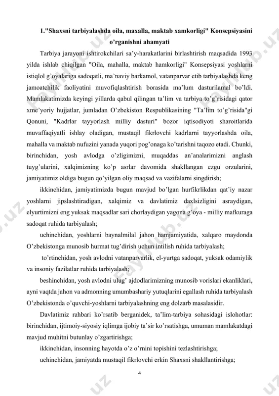 atdagi mavjud muhitni butunlay o’zgartirishga; ikkinchidan, insonning hayotda o’z o’rnini topishini tezlashtirishga; uchinchidan, jamiyatda mustaqil fikrlovchi erkin shaxsni shakllantirishga; to’rtinchidan, insondagi mavjud salohiyatni to’la ro’yobga chiqarishga; beshinchidan, umumiy va maxsus bilimlarga ega, ongli, tafakkuri ozod, zamonaviy dunyoqarash, milliy va umuminsoniy qadriyatlarga voris bo’lgan, kuchli fuqarolik jamiyatini barpo etadigan komil insonlarni tarbiyalashga qaratilgan. mazkur konsepsiyada taraqqiyotimizning ma’naviy-axloqiy negizi milliy va umuman insoniy qadriyatlar uyg’unligi ekanligi e’tirof etildi, milliy va umuminsoniy tarbiyaning quyidagi o’zaro aloqalari, uyg’un yo’nalishlari belgilab olindi. milliy tarbiya yo’nalishi orqali yoshlarda o’zlikni anglash, vatanparvarlik, milliy g’urur, millatlararo muloqot madaniyati, milliy mafkuraviy onglilik, milliy odob, fidoyilik fazilatlari shakllantiriladi. umuminsoniy yo’nalishda huquqny, iqtisodiy, jismoniy, aqliy, estetik, ekologik, gigiyenik va boshqa tarbiya yo’nalishlari amalga oshiriladi. bu konsepsiya milliy davlatchilik va jamiyat qurilishi talablari asosliligini ta’minlaydi. o’zbekiston respublikasining "ta’lim to’g’risida"gi qonunining 51-moddasida "voyaga yetmagan bolalarning ota-onalari yoki qonuniy vakillari bolaning qonuniy huquqlari va manfaatlarini himoya qilishlari shart hamda ularning tarbiyasi, maktabgacha, umumiy o’rta, …