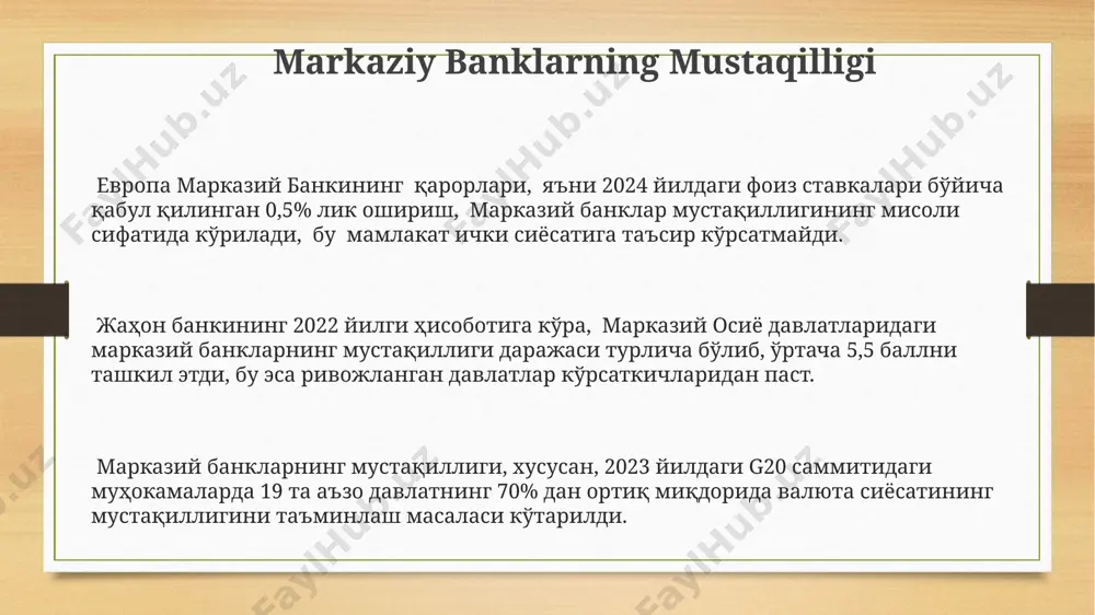 ordam beradi. g20 davlatlari o'rtasidagi valyuta siyosatini muvofiqlashtirish bo'yicha 2023 yilda 15 dan ortiq sammit va uchrashuvlar bo'lib o'tdi, bu esa global iqtisodiy barqarorlikni ta'minlashga qaratilgan edi. pul-kredit siyosatining samaradorligi 2022 йилда ўзбекистоннинг пул-кредит сиёсати инфляцияни 10%дан 15%гача туширишга ёрдам берди, бироқ бу жаҳон банкининг 5%лик прогнозидан юқори бўлди. европа иттифоқи давлатларининг пул-кредит сиёсати тажрибаси кўрсатишича, фоиз ставкаларини 2%га ошириш 2023 йилда ялпи ички маҳсулотнинг ўсишини 1%га секинлаштирган. хитойнинг пул-кредит сиёсатидаги ўзгаришлар 2024 йилда шанхай фон биржасидаги акциялар нархининг 8% га пасайишига олиб келди. g20 davlatlarining pul-kredit siyosati: umumiy nuqtai европа иттифоқи ва япония каби айрим g20 аъзолари 2022 йилдаги энергетик инқироз ва 2%дан паст бўлган иқтисодий ўсиш туфайли пул-кредит сиёсатини эҳтиёткорлик билан юритмоқдалар. g20га кирувчи ривожланаётган бозорларнинг 10 таси, масалан, бразилия ва индонезия, валюта курсининг беқарорлигини камайтириш учун валюта захираларидан фойдаланмоқда. 2023 йилда g20 давлатларининг аксарияти, жумладан, ақш ва хитой, инфляцияни камайтириш учун фоиз ставкаларини оширишга киришди, бу жаҳон …