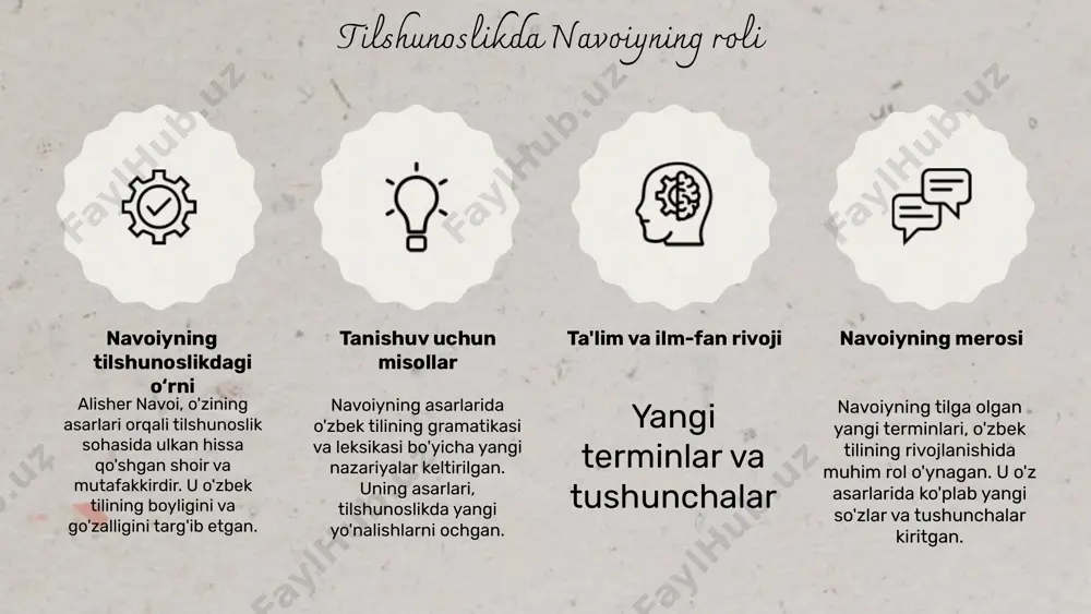 'riyatda maxsus obrazlar yaratishda o'ziga xos uslublarni qo'llagan. navoiyning uslubining ta'siri navoiyning tilshunoslikdagi roli uslubiy texnikalar va metodlar navoiyning asarlaridagi tilshunoslik masalalari navoiyning asarlarida ko'tarilgan asosiy tilshunoslik masalalari. 1. til va madaniyat o'rtasidagi munosabatlar. 2. o'zbek tilining rivojlanishidagi muhim jihatlar. 3. navoiyning asarlarida tilning estetika va ifodasi. 4. zamonaviy tadqiqotlar bilan bog'liq muammolar va yangiliklar. masalalarning tahlili va ularning ahamiyati: navoiyning asarlari o'zbek tilshunosligi tarixida muhim o'rin tutadi. uning ishlarida til va madaniyat o'rtasidagi bog'liqlik, tilning rivojlanishi va estetik jihatlari chuqur tahlil etilgan. bu masalalar bugungi kunda ham dolzarb bo'lib qolmoqda. photo by phil goodwin on unsplash muhokamat-ul lug'atayn asarining mohiyati muhokamat-ul lug'atayn asari, alisher navoiyning lug'atshunoslik va tilshunoslikka qo'shgan muhim hissasi sifatida tan olinadi. ushbu asar, lisoniy terminlarni tushuntirish va lug'at yaratish jarayonida innovatsion yondashuvlarni taqdim etadi. asar, lexikografiya va lingvistika o'rtasidagi aloqalarni ko'rsatadi, bu esa tilning rivojlanishi va uning qoidalarini aniqlashda muhim ahamiyatga ega. umuman olganda, muhokamat-ul lug'atayn, …