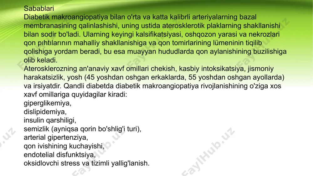 i tuzatish lipidlarni kamaytiradigan dorilarni (statinlar, antioksidantlar, fibratlar), shuningdek, hayvon yog'larini iste'mol qilishni cheklovchi dietani buyurish orqali erishiladi. tromboembolik asoratlar xavfi ortishi bilan antiplatelet preparatlarini (atsetilsalitsil kislotasi, dipiridamol, pentoksifilin, geparin va boshqalar) buyurish tavsiya etiladi. diabetik makroangiopatiya uchun antihipertenziv terapiyaning maqsadi 130/85 mm hg maqsadli qon bosimi darajasiga erishish va uni ushlab turishdir. art. shu maqsadda ace inhibitörlerini (kaptopril), diuretiklarni (furosemid, spironolakton, gidroxlorotiyazid) buyurish afzaldir; yurak xurujiga uchragan bemorlar uchun - beta-blokerlar (atenolol va boshqalar). ekstremitalarning trofik yaralarini davolash jarrohning nazorati ostida amalga oshiriladi. o'tkir qon tomir hodisalari bo'lsa, tegishli intensiv terapiya o'tkaziladi. ko'rsatkichlarga ko'ra, jarrohlik davolash amalga oshiriladi (kabg, serebrovaskulyar etishmovchilikni jarrohlik davolash, endarterektomiya, oyoq-qo'llarni amputatsiya qilish va boshqalar). prognoz va profilaktika qandli diabet bilan og'rigan bemorlarda yurak-qon tomir asoratlaridan o'lim 35-75% ga etadi. ularning taxminan yarmida o'lim miokard infarktidan, 15% da o'tkir miya yarim ishemiyasidan sodir bo'ladi. diabetik makroangiopatiyaning oldini olishning kaliti qondagi glyukoza va qon bosimining maqbul …