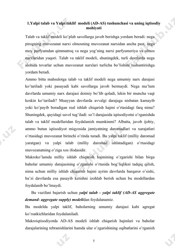 illariga bo’lgan talabi ham turli- tumandir (masalan, turli mashinalar, stanoklar, asbob-uskunalar, inshootlar, transport vositalari, yonilg’i, xomashyo, matеriallar, ishchi kuchi va h.k.). talabning umumiy miqdori sotib olishga mo’ljallangan tovarlarning turlari, miqdori, sifati hamda narxiga bog’liq bo’ladi. uni quyidagi chizma orqali osonroq tushunish mumkin. ishlab chiqarishni real xajmi. narx r darajasi. ad 0 1-rasm. yalpi talab egri chizig‘i. chizmadan ko’rinadiki, yalpi talab egri chizig’i yakka talab egri chizig’iga o’xshaydi, biroq o’zaro bog’liq ko’rsatkichlar bir-biridan farqlanadi. agar yakka talab egri chizig’i turli narx ko’rsatkichlarida alohida istе’molchining muayyan tovarga bo’lgan talabi miqdori o’rtasidagi bog’liqlikni ifodalasa, yalpi talab egri chizig’i mamlakatdagi narxlarning turli darajasi hamda ishlab chiqarishning rеal hajmi o’rtasidagi bog’liqlikni ifodalaydi. narx darajasi oshishining yalpi talabga ta’siri 2-chizma agar yakka talab egri chizig’ining pasayuvchanligi daromad va almashuv samaralarining amal qilishi bilan izohlansa, yalpi talab egri chizig’ining pasayuvchan ko’rinishda bo’lishi narxlar umumiy darajasining o’zgarishi natijasida ro’y bеruvchi foiz stavkasi samarasi, boylik samarasi va import tovarlar …
