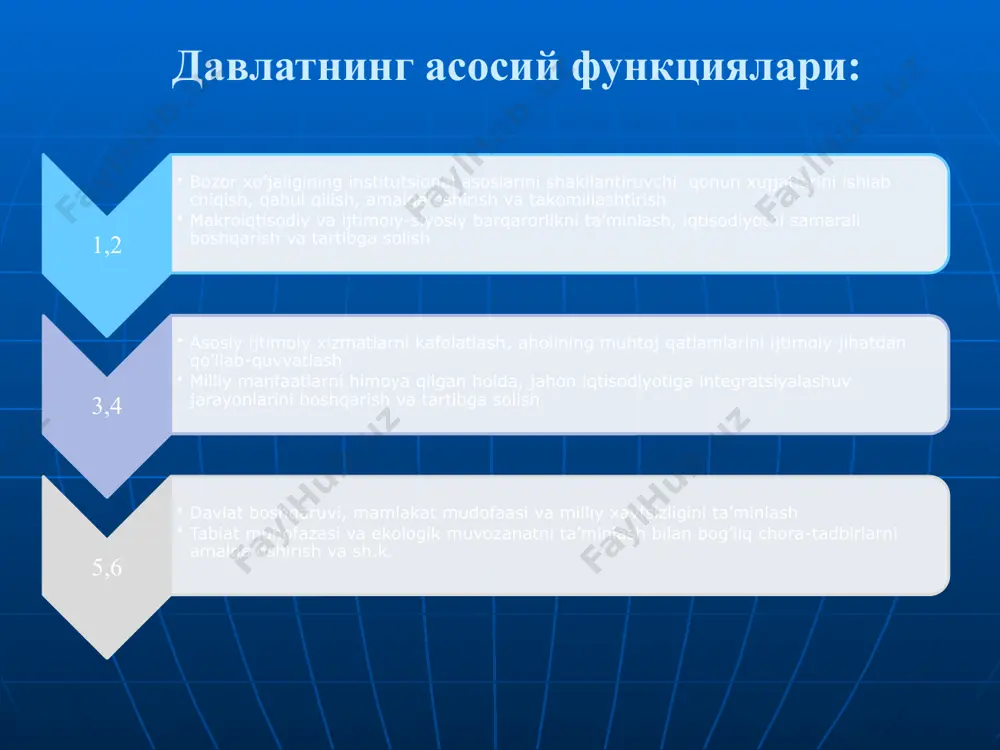 ажатлар шаклида: -асосий фондлар ва воситаларни (улар билан боғлиқ ишлар ва хизматлар ҳам шулар жумласига киради) давлат эітиёжлари учун олиш ва такрор ишлаб чиқаришга; -чет элда давлат эҳтиёжлари учун ер ва бошқа мол-мулк олишга; -давлат эҳтиёжлари учун ерга бўлган хуқуқни ва бошқа номоддий активларни олишга; -давлат захираларини вужудга келтиришга; 4) капитал харажатларни қоплаш учун юридик шахсларга бериладиган бюджет трансфертлари шаклида; 5) резидент-юридик шахсларга ва чет эл давлатларига бериладиган бюджет ссудалари шаклида; 6) давлат мақсадли жамғармаларига бериладиган бюджет дотациялари ва бюджет ссудалари шаклида; 7) давлат қарзини қайтариш ва унга хизмат кўрсатиш бўйича тўловлар шаклида; 8) қонун ҳужжатларида тақиқланмаган бошқа харажатлар шаклида. 06.10.2023 давлат бюджети харажатлари 10 давлат бюджетининг иқтисодий мақсадлардаги харажатлари иқтисодиёт харажатлари: бюджет харажатларининг 11,1-10,6 фоизни, яимнинг ўртача 2,5 фоизини ташкил этади марказлашган инвестицияларни молиялаштириш харажатлари: бюджет харажатларининг ўртача 4,7-4,9 фоизини, яимнинг эса 1 фоизини ташкил қилади 06.10.2023 давлат бюджети харажатлари 11 davlat byudjetidan iqtisodiyot xarajatlari asosan qishloq va suv …