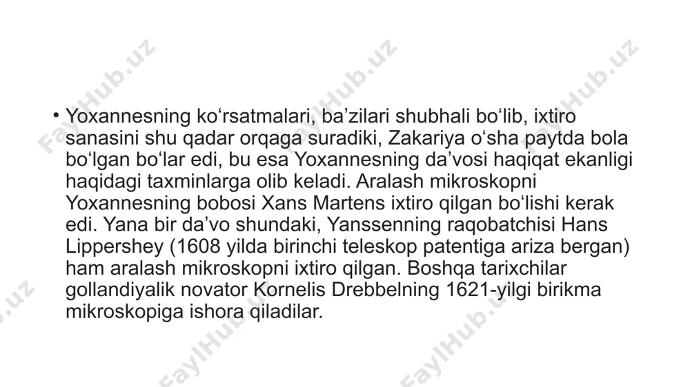 sh uchun obektiv yoki linzalar toʻplamidan foydalanadi va tomoshabinga toʻplangan kattalashtirilgan virtual tasvirni beradi. bitta konveks linzalari yoki linzalar guruhidan foydalanish teleskoplar va mikroskoplar uchun kattalashtiruvchi oyn murakkab mikroskop murakkab mikroskop yorugʻlikni (obektiv linza deb ataladi) yigʻish uchun koʻrilayotgan obektga yaqin obektivdan foydalanadi, bu mikroskop ichidagi obektning haqiqiy tasvirini fokuslaydi . keyin bu tasvir ikkinchi ob’ektiv yoki linzalar guruhi (koʻzoynak deb ataladi) tomonidan kattalashtiriladi, bu tomoshabinga ob’ektning kattalashtirilgan teskari virtual tasvirini beradi .murakkab obektiv/koʻzoynak kombinatsiyasidan foydalanish ancha yuqori kattalashtirish imkonini beradi. umumiy birikma mikroskoplari koʻpincha almashtiriladigan ob’ektiv linzalarga ega boʻlib, foydalanuvchiga kattalashtirishni tezda sozlash imkonini beradi. murakkab mikroskop, shuningdek, faza kontrasti kabi ilgʻor yoritish sozlamalarini ham taʼminlaydi. mikroskopning boshqa variantlari ixtisoslashgan maqsadlar uchun aralash optik mikroskop dizaynining koʻplab variantlari mavjud boʻlib. ulardan baʼzilari maʼlum maqsadlar uchun ixtisoslashishga imkon beruvchi jismoniy dizayn farqlari: stereo mikroskop, kam quvvatli mikroskop boʻlib, namunaning stereoskopik koʻrinishini taʼminlaydi, odatda diseksiyon uchun ishlatiladi. har bir koʻzdagi bitta …