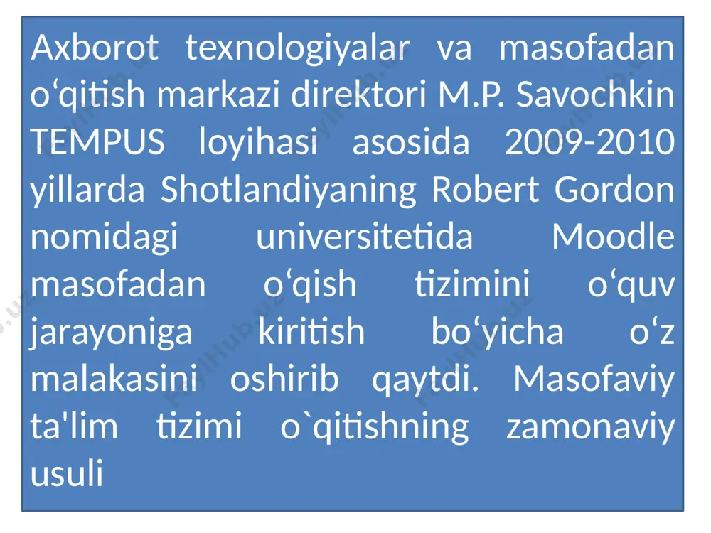 urslarni doimo takomillashtiradi, ijodiy faolligi va mutaxasisligi bo`yicha yangiliklar va innovatsiyalarga bo`lgan talabi mos ravishda ortib boradi. masofodan o`qitishning sifati ta'lim olishning kunduzgi shakli sifatida, ko`zga ko`ringan o`qituvchi kadrlar tarkibini jalb qilish va o`quv jarayonlarida eng yaxshi o`quv- uslubiy ishlar va fanlar bo`yicha nazorat tеstlaridan foydalanish hisobiga qolishmaydi. o`qitish usullari. masofali o`qitish shakli bеsh umumdidaktik o`qitish usullarini o`z ichiga oladi: · axborotli-rеtsеptli; · rеpraduktivli; · muomila bayon qilish; · evristik; · izlanuvchanlik. ular o`qituvchi va o`quvchilar munosabatlaridagi barcha pеdogogik aktlar to`plamini o`z ichiga oladi. masofadan o`qitish ta'lim jarayonida an'aviy o`qitish vositalari bilan birga innovatsion-kompyutеr tеxnikasi va tеlеkomunikatsiyalarga asoslangan hamda ta'lim tеxnologiyasi sohasida erishilgan oxirgi yutuglardan foydalaniladi. o`quv dasturlari bo`yicha o`qitish uchun zarur bo`lgan moddiy va tеxnik vositalar majmui o`z ichiga o`quv va o`quv-yordamchi xonalarni; laboratoriya uskunalari,o`qitishning tеxnik vositalari ,o`quv kitoblari,o`quv qullanmalari va boshqa o`quv uslubiy matеriallarni oladi. o`quv ilmiy matеriallarning katta qismi tinglovchilarning uzoqdaligi sababli virtual-axborot-ta'lim muhitini tashkil etadi. masofadan …