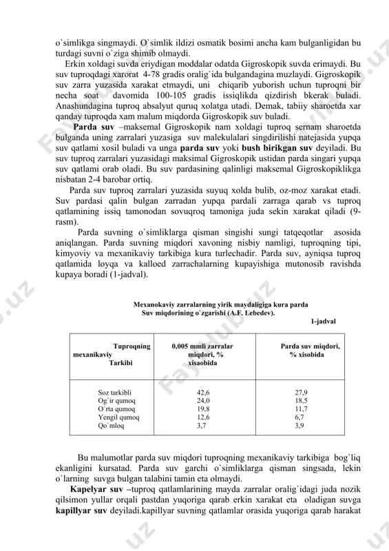 tlami xosil buladi va unga parda suv yoki bush birikgan suv deyiladi. bu suv tuproq zarralari yuzasidagi maksimal gigroskopik ustidan parda singari yupqa suv qatlami orab oladi. bu suv pardasining qalinligi maksemal gigroskopiklikga nisbatan 2-4 barobar ortiq. parda suv tuproq zarralari yuzasida suyuq xolda bulib, oz-moz xarakat etadi. suv pardasi qalin bulgan zarradan yupqa pardali zarraga qarab vs tuproq qatlamining issiq tamonodan sovuqroq tamoniga juda sekin xarakat qiladi (9-rasm). parda suvning o`simliklarga qisman singishi sungi tatqeqotlar asosida aniqlangan. parda suvning miqdori xavoning nisbiy namligi, tuproqning tipi, kimyoviy va mexanikaviy tarkibiga kura turlechadir. parda suv, ayniqsa tuproq qatlamida loyqa va kalloed zarrachalarning kupayishiga mutonosib ravishda kupaya boradi (1-jadval). mexanokaviy zarralarning yirik maydaligiga kura parda suv miqdorining o`zgarishi (a.f. lebedev). 1-jadval tuproqning mexanikaviy tarkibi 0,005 mmli zarralar miqdori, % xisaobida parda suv miqdori, % xisobida soz tarkibli og`ir qumoq o`rta qumoq yengil qumoq qo`mloq 42,6 24,0 19,8 12,6 3,7 27,9 18,5 11,7 …