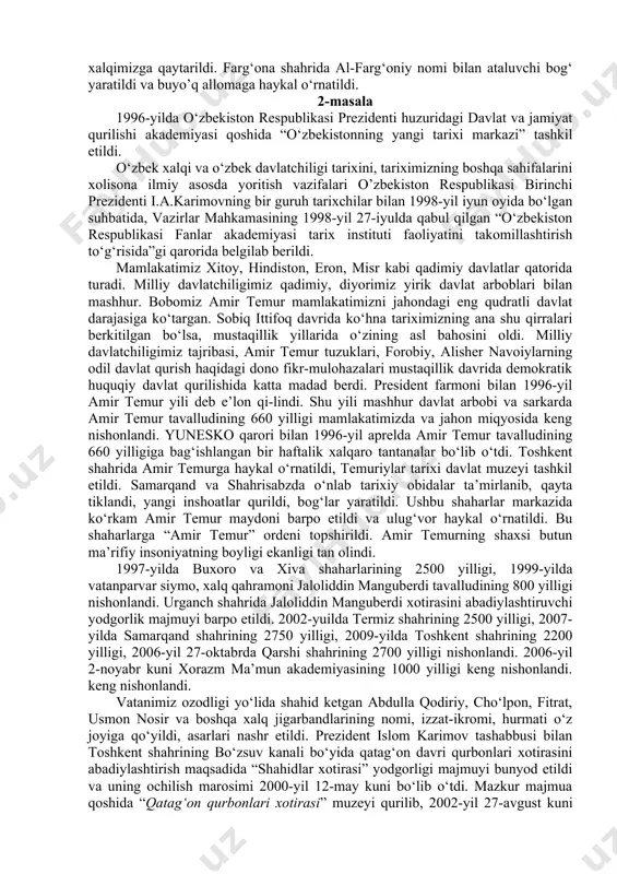 a tiklandi. xalqimiz ulardan bahramand bo‘lishga muyassar bo‘ldi. xalqimiz ma’naviyatining yulduzlari bo‘lgan buyo’q allomalarimizning tavallud topgan sanalari yunesko bilan hamkorlikda mamlakatimizda va xalqaro miqyosda keng nishonlandi. jumladan, 1991-yil – alisher navoiy tavalludining 550 yilligi; 1992-yil – boborahim mashrab tavalludining 350 yilligi; 1994-yil – mirzo ulug‘bek tavalludining 600 yilligi; 1996-yil – amir temur tavalludining 660 yilligi; 1997-yil – cho‘lpon tavalludining 100 yilligi; 1998-yil – ahmad al-farg‘oniy tavalludining 1200 yilligi; 1999-yil – alpomish dostonining 1000 yilligi; 2000-yil – burhoniddin marg‘inoniy tavalludining 910 yilligi va kamoliddin behzod tavalludining 545 yilligi; 2001-yil – “avesto” yaratilganligining 2700 yilligi keng nishonlandi. buyo’q allomalarimiz, mutafakkirlarimiz yubileylari munosabati bilan ularning o‘nlab nodir va noyob asarlari o‘zbek, ingliz, fransuz, nemis, yapon va boshqa tillarda nashr etildi, haykallar o‘rnatildi, ziyoratgoh maydonlari, bog‘lar yaratildi. 1991-yilda buyo’q bobomiz alisher navoiy tavalludining 550 yilligi keng nishonlandi. shu yili o‘zbekiston fanlar akademiyasi adabiyot institutiga alisher navoiy nomi berildi, alisher navoiy nomidagi davlat mukofoti ta’sis …