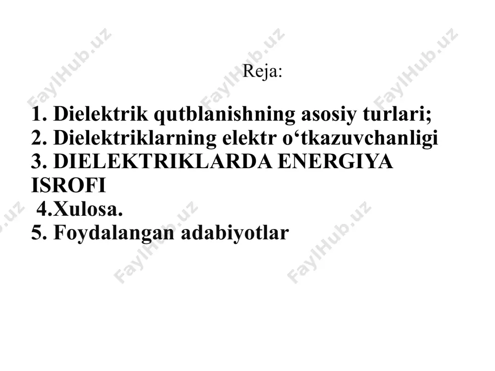 ε\varepsilonε) kuchlanganlikka bog‘liq bo‘lmaydi. dielektrik modda qattiq holatdan suyuq holatga o‘tganda, uning zichligi kamayadi, bu esa qutblanish jarayonining zaiflashishiga olib keladi. shunday qilib, elektron qutblanish odatda energiya sarflashsiz kechadi va issiqlik ajralib chiqmaydi. elektron qutblanishga ega bo‘lgan ba’zi dielektriklar quyidagilar: neft asosidagi suyuqliklar (masalan, oktol); qattiq holatdagi organik materiallar — parafin, polistirol, polietilen va boshqa plastik materiallar. ushbu moddalarda elektron qutblanish dielektrik xossalarning barqarorligini saqlab qolishga xizmat qiladi va elektr maydon ta’sirida tezkor javob beradi, bu esa ularni elektrotexnika va izolyatsiya sanoatida keng qo‘llashga imkon yaratadi. ionli qutblanish (si, qi) va uning xossalari ionli qutblanish kristall panjarali qattiq jism ichida mavjud bo‘lgan ionlarning elektr maydoni ta’sirida o‘z muvozanat holatidan siljishi natijasida yuzaga keladi. bunday qutblanish turi, asosan, qattiq dielektriklarda kuzatiladi va u kuchli qutblanish turlaridan biri hisoblanadi. ionlarning elektrondan katta o‘lchamga ega bo‘lishi ularning qutblanishga bo‘lgan sezuvchanligini oshiradi, ammo ular sezilarli darajada sust harakatlanadi. shu sababli ionli qutblanish jarayoni nisbatan …