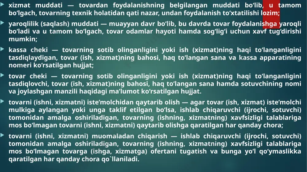 muddati mobaynida; kafolat muddati va yaroqlilik muddati belgilanmagan tovarlar bo‘yicha olti oy mobaynida; ko‘chmas mulk iste’molchiga o‘tkazilgan kundan e’tiboran ikki yil mobaynida, agar shartnomada bundan uzoqroq muddat nazarda tutilmagan bo‘lsa; mavsumiy tovarlar uchun o‘zbekiston respublikasi hukumati tomonidan belgilangan muddat mobaynida aniqlangan bo‘lsa, iste’molchi mazkur huquqlarini ro‘yobga chiqarishi mumkin iste’molchi o‘ziga sotilgan to‘plamlar, garniturlar, komplektlar va komplekslarning mustaqil tarkibiy qismi bo‘lgan va mustaqil narxga ega bo‘lgan buyumlarda nuqsonlar borligini aniqlagan taqdirda, butun to‘plam, garnitur, komplekt va kompleksga nisbatan ham, ularning nuqsonlari bor mustaqil tarkibiy qismlariga nisbatan ham ushbu moddaning birinchi qismida nazarda tutilgan talablarni qo‘yishga haqlidir. 15-modda. tovar nuqsonlarini bepul bartaraf etish tartibi tovarda kafolat muddatida topilgan nuqsonlarni sotuvchi iste’molchi tegishli talab qo‘ygan paytdan e’tiboran yigirma kun ichida, ishlab chiqaruvchi esa, o‘n kun ichida bepul bartaraf etishi lozim. iste’molchi kafolat muddati tugaganidan keyin tovarning nuqsonlarini bepul bartaraf etish to‘g‘risida ishlab chiqaruvchiga talab qo‘yishga haqli. bunday talab, basharti tovarda ishlab chiqaruvchining aybi …