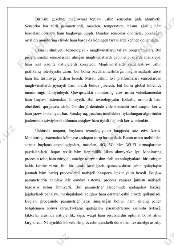 bir jumis ortalıǵında qatnasıwshılar ushın qolaylıqlar jaratadı hám barlıq processlerdi nátiyjeli basqarıw imkaniyatın beredi. baqlaw parametrlerin anıqlaw hár qanday sistema, process yamasa jumıstı nátiyjeli basqarıw ushın áhmiyetli. bul parametrler járdeminde qadaǵalaw házirgi jaǵdaylardı bahalaw, mashqalalardı anıqlaw hám qararlar qabıl etiwde qollanıladı. baqlaw procesinde parametrler jaqsı anıqlanǵan boliwi hám anıqlıq penen belgilengen boliwi zárúr.tiykarǵı qadaǵalaw parametrlerine kiriwshi tiykarǵı faktorlar arasında nátiyjelilik, sapa, waqıt hám resurslardıń optimal bólistiriliwi kirgiziledi. nátiyjelilik kórsetkishi procestiń qanshelli durıs hám tez ámelge asırılıp atırǵanın kórsetedi. sifat bolsa, ónim yaki xızmettiń qarıydarlar talabına juwap beriwin támiyinleydi. waqit baqlanıp atırgan procestiń dawamlılıǵın hám tezligin ólshep beredi. resurslardıń optimal bólistiriliwi bolsa óndiris procesinde eń jaqsı nátiyjelerge erisiw ushın zárúr bolǵan materiallar hám insan resurslarınan qalay nátiyjeli paydalanılıwın kórsetedi. baqlaw parametrleri hár qıylı tarawlarda, máselen, sanaat, xızmet kórsetiw, bilimlendiriw hám densawlıqtı saqlawda qollanıladı. mısalı, sanaat kárxanalarında ónimniń sapasın qadaǵalawdaǵı parametrler sapa kórsetkishleri, óndiris tezligi hám qáte procentleri boliwi múmkin. bilimlendiriw tarawında …