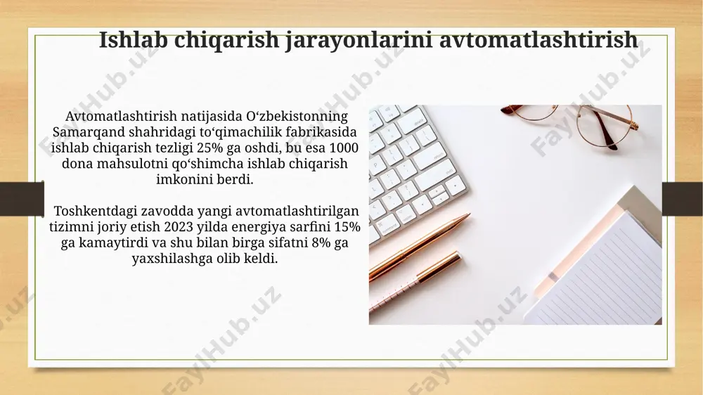 adorligini baholashda, toshkentdagi zavodda 2022 yilda o'rtacha mehnat unumdorligi 15% ga oshganini ko'rsatuvchi oee (umumiy uskunalar samaradorligi) ko'rsatkichlarini tahlil qilish muhimdir. sifat nazorati tizimini takomillashtirish orqali, namanganda joylashgan korxonada chiqindi miqdorini 3% ga kamaytirish va shu bilan birga, mahsulot sifatini 85% ga oshirishga erishish mumkin. resurslarni boshqarish va optimallashtirish samarqanddagi to'qimachilik fabrikasida 20% ga ishchi kuchi samaradorligini oshirish uchun 5 ta yangi avtomatlashtirilgan mashina o'rnatildi, bu esa yillik ishlab chiqarish hajmini 15000 birlikka oshirdi. toshkent shahridagi avtomobil zavodida 30% ga resurslarni tejash maqsadida, logistika xarajatlarini 10% ga kamaytirish orqali, yangi ta'minot zanjiri tizimi joriy etildi. ishlab chiqarish jarayonlarini tahlil qilish xorazm viloyatida joylashgan qishloq xo'jaligi korxonasida hosilni 20% ga oshirish maqsadida, 7 ta yangi texnologiya qo'llanilib, bir gektar maydondan olingan hosil miqdori 2 barobarga oshdi. samarqanddagi to'qimachilik korxonasida 500 dan ortiq ishchi bilan o'tkazilgan tahlil natijasida, 30% ish vaqti yo'qotishlari asbob-uskunalarning eskirganligi bilan bog'liq ekanligi aniqlandi. kelajakdagi rejalashtirish va rivojlantirish …