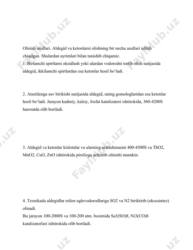 yingi vaqtda qaytaruvchi vosita sifatida litiy-alyuminiy gidriddan foydalanilmoqda. jarayon quyidagi mexanizm orqali boradi. aldegid va ketonlarni aktiv vodorod bilan qaytarish vaqtida glikollar ham hosil bo‘ladi: 2. nukleofil birikish jarayonlari. 1. sianid kislotaning birikishi natijasida (-oksinitrillar hosil bo‘ladi. bularni gidrolizlab esa (-oksikislotalarni olish mumkin. 2. aldegid va ketonlarga maginy organik birikmalarning birikish jarayonidan foydalanib birlamchi, ikkilamchi va uchlamchi spirtlarni olish mumkin: 3. aldegid va ketonlar natriygidrosulfit bilan birikib kristall birikmalarni hosil qiladilar: yoki bu jarayondan aldegid va ketonlarni sifat jihatidan aniqlashda foydalaniladi. 4. aldegidlar ammiak bilan oson birikib aldeminlarni hosil qiladilar. jarayon quyidagi ko‘rinishda boradi: atsetaldemin atsetaldemin oson polimerlanib aldegid-ammiakni hosil qiladi. ketonlar ammiak bilan bunday birikmalarni hosil qilmaydilar. ularning ammiak bilan ta’sirlanish jarayoni juda sekin boradi va buning natijasida murakkab tuzilishga ega bo‘lgan birikmalar hosil bo‘ladi: 5. aldegid va ketonlar gidroksiamin bilan reaksiyaga kirishib oksimlarni hosil qiladilar. aldegidlardan hosil bo‘lgan oksimni aldoksim, ketonlardan hosil bo‘lgan oksimni esa ketoksim deb ataladi: …