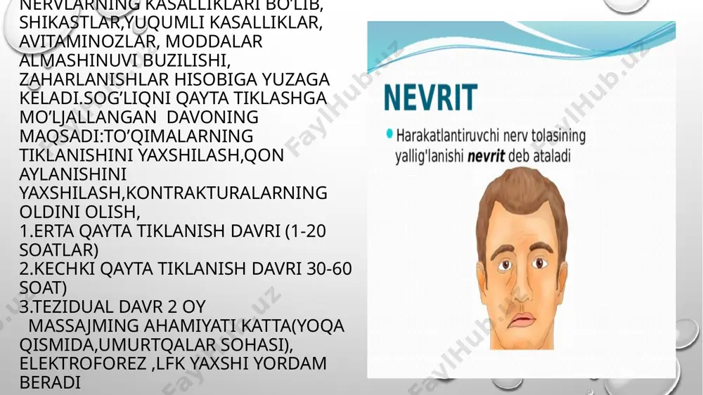 sab tizimi shikastlari va kasalliklarida ishlatiladigan o’yinlar zo’riqqishlar keskin chegaralangan o’lishi kerak. o’yinlar bemor sog’lig’i yo’l qo’yilganda mashg’ulotlarga kiritiladi.bemorning harakat rejimida bo’lganini inobatga olgan holda ,joyida turib o’ynash, psixoemosional rivojlantiruvchi xususiyatlarini takomillashtirishga harakat qilinadi(diqqat,faxm-farosat),kam harakatli o’yinlar-harakat sifatlarini qayta tiklash uchun(harakatlarning o’zaro mosligi) periferik asab tizimi kasallikalri va travmalarida(nevritlar,radikulitlar)o’tkir og’riqlar bosilgandan keyin o’yinlar tayinlanadi”kim epchil?” orqasi bilan yotgan holda bir oyog’ini ko’tarib turish.voleybol,sport o’yinlari keng qo’llaniladi. harakatli o’yinlar nevrozlarni reabilitatsiyasida asosiy rollardan biridir. harakatli o’yinlar turli xilda bo’lib yugurish, sakrashlar. ruhan hissiyotli harakatli o’yinlar reabilitatsiyani tezlashtiradi,kayfiyatni o’zgarishi bilan kechuvchi nevrasteniyalarda kam jadallikdagi o’yimlar tayinlanadi. gidroterapiya massaj muolajasi refleksoterapiya aeroterapiya tuzli g’or sanator-kurort davo bosh miya qon tomir kasalliklarida davolovchi uqalash 1.бошнинг соч қисми ва ѐқа зонаси, парезланган оѐқ-қўллар бемор ўтирган ҳолатда уқалаш қилинади, секин темпда. 2.муолажа давомийлиги 15 дақиқагача. асосан енгил силаш, эзғилаш, узлуксиз вибрация усуллари қўлланилади. 3.ёқа зонаси орқани уқалаш қилиш билан алмаштириб турилади. 4.даволаш курси 20 муолажа. қарши кўрсатмалар …