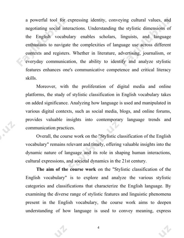 ial in multicultural and globalized contexts, where effective intercultural communication requires sensitivity to linguistic nuances and conventions. overall, the practical value of the course work lies in its ability to empower learners with the knowledge and skills necessary to navigate the intricacies of language use, express themselves creatively and persuasively, and engage meaningfully with diverse audiences and cultural contexts. the structure of the course work: introduction, main body, conclusion and bibliography. main body 1. general considerations of stylistic classification of the english vocabulary the word-stock of any given language can be roughly divided into three uneven groups, differing from each other by the sphere of its possible use. the biggest division is made up of neutral words, possessing no stylistic connotation and suitable for any communicative situation, two smaller ones are literary and colloquial strata respectively. in order to get a more or less clear idea of the word-stock of …