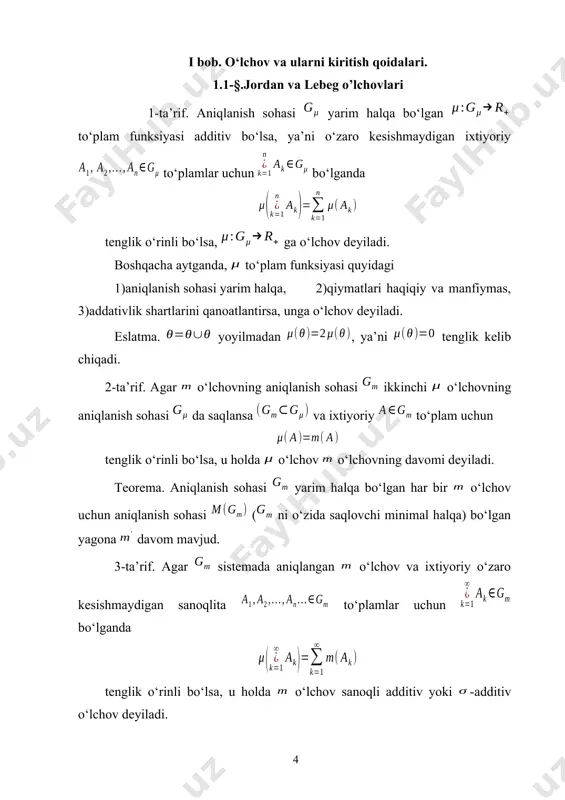 ni o‘lchov bo‘ladi. bu o‘lchovning additivlik shartini keltiramiz: agar bo‘lsa, u holda tenglik o‘rinli. bilan yarim halqa ustiga qurilgan minimal halqani belgilaymiz. halqaning har bir elementi o‘zaro kesishmaydigan oraliqlarning birlashmasi ko‘rinishida tasvirlanadi, ya’ni halqa elementlarini sodda to‘plamlar deymiz. endi halqadagi to‘plalarning, ya’ni sodda to‘plamlarning o‘lchovi tushunchasini kiritamiz. har bir sodda to‘plamga (1) sonni mos qo‘yuvchi moslikni aniqlaymiz. miqdor to‘plamning o‘lchovi deyiladi. lebeg o‘lchovi. dastlab birlik kesmada saqlanuvchi to‘plamlar bilan chegaralanamiz. 4-ta’rif. ixtiyoriy to‘plam uchun (2) son to‘plamning tashqi o‘lchovi deyiladi. (2) da aniq quyi chegara to‘plamni qoplovchi oraliqlarning barcha chekli yoki sanoqli sistemalari bo‘yicha olinadi. shuni ta’kidlaymizki, ixtiyoriy to‘plamning tashqi o‘lchovi mavjud. chunki infimum belgii ostidagi ifoda manfiymas, shuning uchun u quyidan nol bilan chegaralangan. quyilgan chegaralangan sonli to‘plam esa aniq quyi chegaraga ega. endi to‘plam o‘lchovi ta’rifini beramiz. 5-ta’rif. agar ixtiyoriy uchun shunday sodda to‘plam mavjud bo‘lib, tengsizlik bajarilsa, u holda lebeg ma’nosida o‘lchovli to‘plam deyiladi. agar lebeg ma’nosidagi …