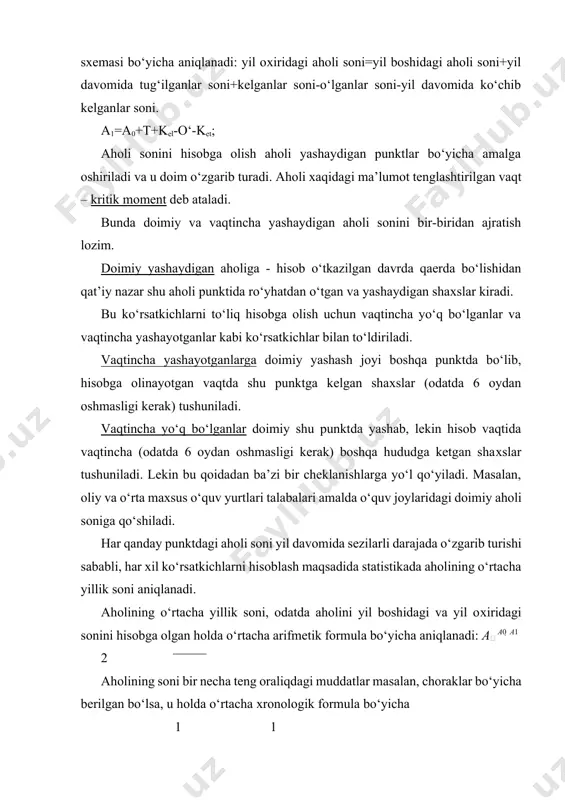 rtacha arifmetik formula bo‘yicha aniqlanadi: a a0  a1 2 aholining soni bir necha teng oraliqdagi muddatlar masalan, choraklar bo‘yicha berilgan bo‘lsa, u holda o‘rtacha хronologik formula bo‘yicha 1 1 a1 a2 a3 ... an aniqlanadi: a 2 2 ; n1 mamlakat aholisi uning hududi bo‘yicha joylanishi nuqtai nazardan shahar aholisi va qishloq aholisiga bo‘linadi. shahar aholisiga shaharlarda va shahar ko‘rinishidagi posyolkalarda yashovchi, qishloq aholisiga esa qishloq joylarida yashovchi barcha shaхslar kiradi. (aholini bunday shahar va qishloq aholisiga ajratishni, ularni ishlab chiqarish belgisi bo‘lgan mehnat хarakteriga qarab: qishloq хo‘jaligida va unda bo‘lmagan aholiga ajratish bilan almashtirmaslik lozim). u yoki bu aholi punktini shaharga kiritish qonun bilan belgilanadi. o‘zbekiston respublikasida doimiy aholining o‘rtacha yillik aholi soni 2010 yilda 28,3 mln. kishini tashkil etgan. ularning 40 foizdan ortig‘i qishloq aholisi tarkibiga 60 foizga yaqini esa shahar aholisi tarkibiga kiritilgan. o‘zbekistonda markaziy osiyo mintaqasining 46,6 foiz aholisi yashaydi. o‘zbekistonning o‘ziga хos demografik хususiyati …