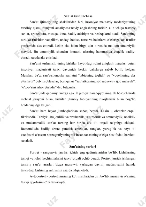 irlaydi. manzara - janrdagi asarlarda borliq, tabiatdagi kо‘rinishlar haqqoniy aks ettiriladi. manzarada faqatgina narsa va voqealar emas, balki musavvirning ichki kechinmalari ham ifodalanadi. ayrim musavvirlar vodiylarni, tog‘u-toshlarni tasvirlashga ishqiboz bо‘lsalar, boshqalari dengiz manzarasini tasvirlashda mohirdirlar. manzara janrida musavvirlardan о‘.tansiqboyevning “о‘zbekistonda mart”, “jonajon о‘lka”, “mening qо‘shig‘im”, n.kashinaning “tog‘da bahor”, z.inog‘omovaning “arpa о‘rimi”, “choyga”, r.temurovning “bibixonimda bahor”, “ulug‘bek madrasasi” asarlari mualliflarga shuhrat keltirdi. natyurmort - fransuzcha sо‘z bо‘lib, “jonsiz tabiat” degan ma’noni anglatadi. bu janrda musavvir asosan insonni о‘rab turgan atrof muhitdagi narsalar, turmushda qо‘llaniladigan buyumlar, oziq-ovqat mahsulotlari, gullar, meva va boshqalarni tasvirlaydi. u о‘z asarida tevarak-atrofdagi narsalarni tasvirlash orqali uning xarakterli xususiyatlarini, voqea qaysi davrda rо‘y berayotganligini ham kо‘rsata oladi. taniqli ijodkor musavvirlardan r.axmedov, l.salimjonova, g‘.abdurahmonov va boshqalar natyurmort janrida barakali ijod qilmoqdalar. tarixiy janrda ishlangan suratlar orqali biz uzoq о‘tmishda bо‘lib о‘tgan voqea-hodisalar, tarixiy shaxslar, xalqlarning turmush madaniyati bilan tanishamiz. tarixiy janrning kо‘rinishlaridan biri jang (botal) manzaralaridir. botal janr - …