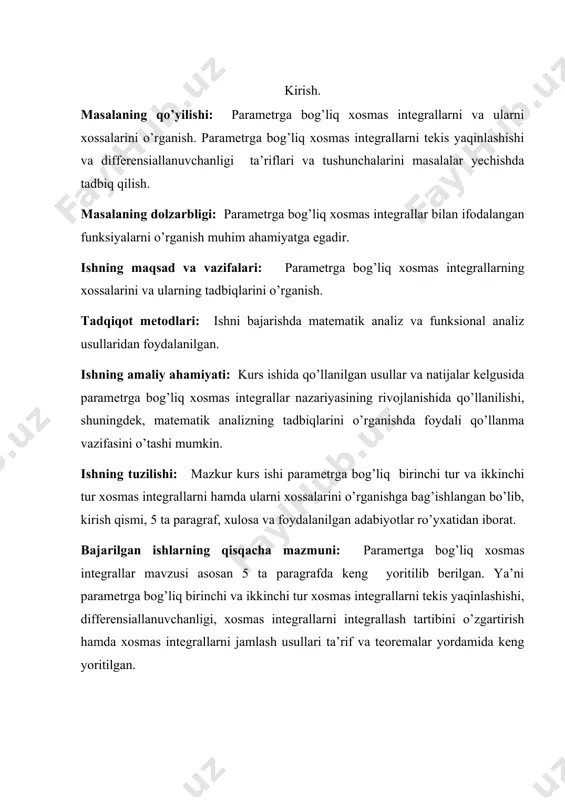 sbot: parametrga bog’liq xosmas integral tekis yaqinlashishining (4) koshi kriteriyasi va bahodan kelib chiqadi. haqiqatdan, teorema shartiga ko’ra, istalgan olganda ham shunday son topiladiki, barcha lar uchun o’ng tarafdagi integral dan kichik bo’ladi. demak, chap taraf ham bir vaqtning o’zida barcha lar uchun o’sha dan kichik bo’ladi. tekis yaqinlashishning dirixle-abel alomati nisbatan nozikroq alomatdir. faraz qilaylik, funksiya parametrning biror er to’plamdanolingan barcha qiymatlarida yarim to’g’ri chiziqda aniqlangan bo’lsin. agar bo’yicha differensiallanuvchi shunday funksiya topilsaki, u uchun va ga bog’liqmas biror m soni bilan munosabatlar bajarilsa, biz funksiyani yarim to’g’ri chiziqda bo’yicha tekis chegaralangan boshlang’ich funksiyaga ega deymiz. 2-teorema.(dirixle-abel alomati). faraz qilaylik, funksiya parametrning har bir qiymatida yarim to’g’richiziqda lokal integrallanuvchi bo’lib, bu yarim to’g’ri chiziqda bo’yicha tekis chegaralangan boshlang’ich funksiyaga ega bo’lsin. bundan tashqari, funksiya yarim to’g’ri chiziqda monoton kamayuvchi bo’lib, da nolga intilsin. u holda xosmas integral parametr bo’yicha tekis yaqinlashadi. isbot:ixtiyoriy olganda ham shunday son topilib, istalgan va …