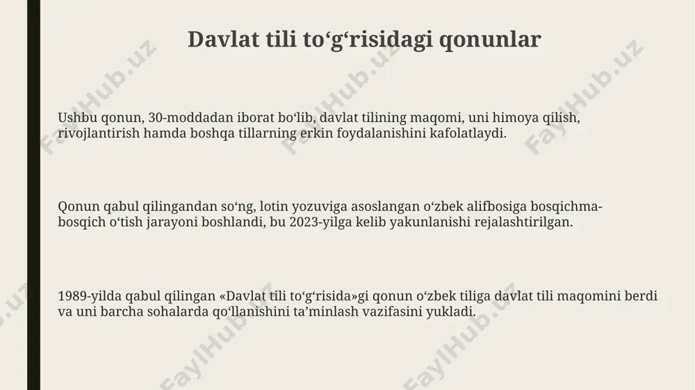 imoya qilish va til siyosatini amalga oshirish mexanizmlarini aniqlashtirishga qaratilgan bo'lib, bunda konstitutsiyaning 4-moddasi va boshqa tegishli qonunlar muhim ahamiyatga ega. til qonunchiligining tarixi til qonunchiligi evolyutsiyasi 2020-yilda yangi qonun loyihasi bilan davom etdi, bu esa oʻzbek tilining nufuzini oshirishga qaratilgan chora-tadbirlarni ko'zda tutadi. 1995-yilda qabul qilingan yangi tahrirdagi qonun tilning huquqiy asoslarini yanada mustahkamladi va til siyosatini aniqlashtirdi, imlo qoidalarini belgiladi. 1989-yilda oʻzbekiston ssrda “davlat tili haqida”gi qonun qabul qilinib, oʻzbek tiliga davlat tili maqomi berildi. bu muhim siyosiy va madaniy oʻzgarish edi. e'tiboringiz uchun rahmat @slaydtayor_bot