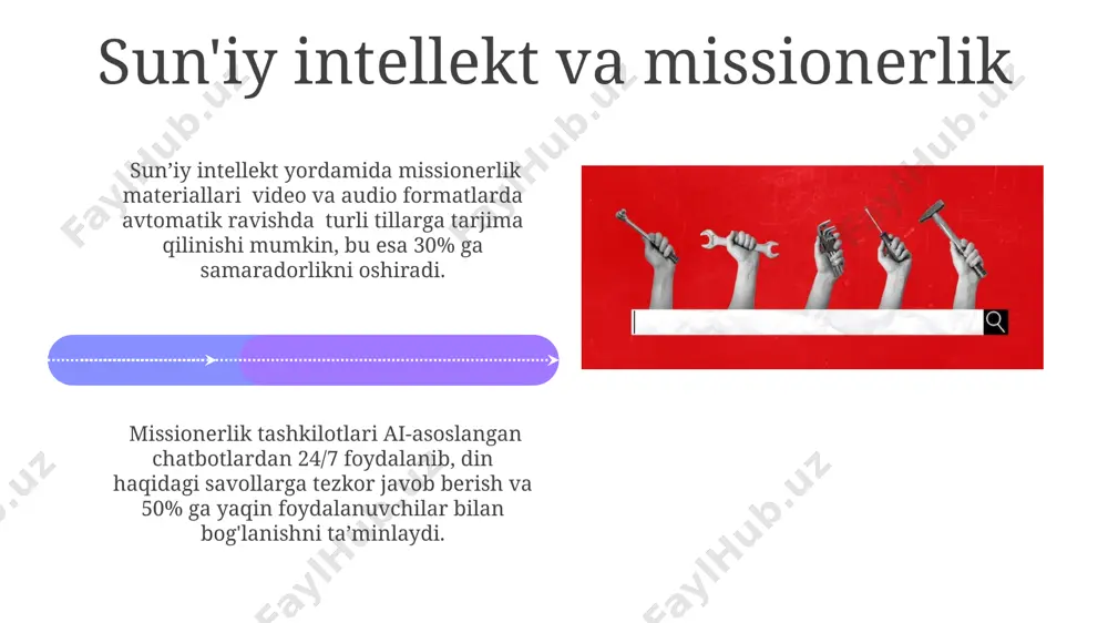 issionerlikning ta'siri va samaradorligini baholash sotsiologik so'rovnomalar orqali to'plangan ma'lumotlarni statistik tahlil qilish, 300 dan ortiq respondentlar bilan ishlash va ularning munosabatlarini, diniy e'tiqodlarini o'zgartirish sabablarini aniqlashga yordam beradi. missionerlik faoliyatining samaradorligini baholashda, 5 yillik davr mobaynida yangi din qabul qilganlar sonini tahlil qilish, konversiya stavkasini aniqlash va maqsadga erishish darajasini o'lchash muhim. madaniy moslashuv va missionerlikning globalizatsiyasi madaniy moslashuvning 30% dan ortig'i missionerlikning globalizatsiyasi orqali, raqamli texnologiyalar va ijtimoiy tarmoqlardan foydalanish orqali amalga oshiriladi. globalizatsiya tufayli missionerlik faoliyati 150 dan ortiq mamlakatda kuzatilib, turli madaniy kontekstlarga moslashuv strategiyasini talab qiladi. big data va missionerlikning maqsadli auditoriyasini aniqlash big data tahlili natijalariga ko'ra, missionerlar 80% ga yaqin aniqlik bilan maqsadli auditoriya a'zolarining diniy e'tiqodlariga va missionerlik xabarlariga bo'lgan munosabatlariga prognoz qilishlari mumkin. missionerlik tashkilotlari algoritmlar va mashinani o'rgatish vositalaridan foydalanib, maqsadli auditoriyani 5 ta asosiy segmentga ajratib, har bir segmentga moslashtirilgan xabarlarni yetkazishni amalga oshirishi mumkin. e'tiboringiz uchun rahmat @taqdimot_robot …