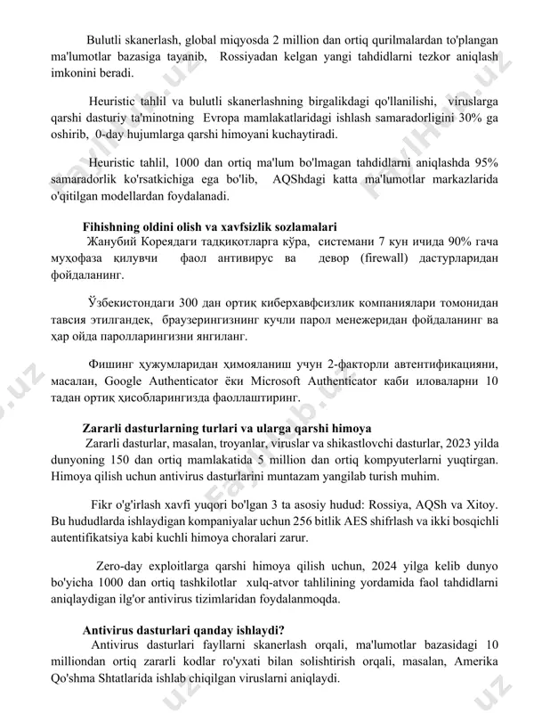ahlil va bulutli skanerlashning birgalikdagi qo'llanilishi, viruslarga qarshi dasturiy ta'minotning evropa mamlakatlaridagi ishlash samaradorligini 30% ga oshirib, 0-day hujumlarga qarshi himoyani kuchaytiradi. heuristic tahlil, 1000 dan ortiq ma'lum bo'lmagan tahdidlarni aniqlashda 95% samaradorlik ko'rsatkichiga ega bo'lib, aqshdagi katta ma'lumotlar markazlarida o'qitilgan modellardan foydalanadi. fihishning oldini olish va xavfsizlik sozlamalari жанубий кореядаги тадқиқотларга кўра, системани 7 кун ичида 90% гача муҳофаза қилувчи фаол антивирус ва девор (firewall) дастурларидан фойдаланинг. ўзбекистондаги 300 дан ортиқ киберхавфсизлик компаниялари томонидан тавсия этилгандек, браузерингизнинг кучли парол менежеридан фойдаланинг ва ҳар ойда паролларингизни янгиланг. фишинг ҳужумларидан ҳимояланиш учун 2-факторли автентификацияни, масалан, google authenticator ёки microsoft authenticator каби иловаларни 10 тадан ортиқ ҳисобларингизда фаоллаштиринг. zararli dasturlarning turlari va ularga qarshi himoya zararli dasturlar, masalan, troyanlar, viruslar va shikastlovchi dasturlar, 2023 yilda dunyoning 150 dan ortiq mamlakatida 5 million dan ortiq kompyuterlarni yuqtirgan. himoya qilish uchun antivirus dasturlarini muntazam yangilab turish muhim. fikr o'g'irlash xavfi yuqori bo'lgan 3 ta …