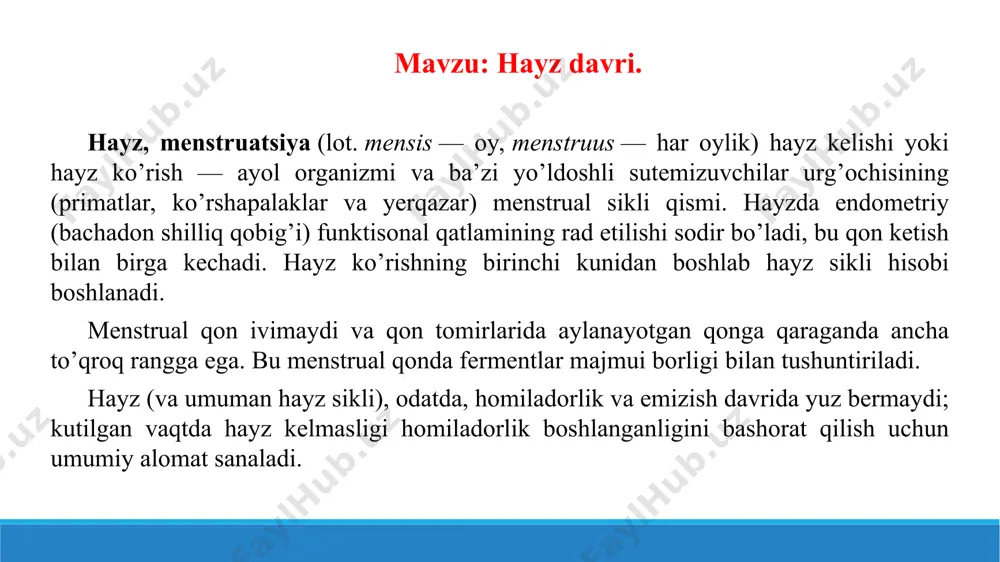 akillarda menarxe yevropeoidlarga nisbatan oldinroq sodir bo’lishini ko’rsatdi. birinchi hayz ko’rishdan keyin keyingisi 2 yoki 3 oy o’tib sodir bo’lishi mumkin. vaqt o’tishi bilan hayz sikli o’rnatiladi va u 28 kun davom etadi, lekin siklning 21 kundan 35 kungacha davom etishi ham normal sanaladi. faqat 13% ayollardagina hayz sikli aniq 28 kun bo’ladi. menstruatsiya taxminan 2-8 kun davom etadi. barcha ajralmalar qindan keladi. hayz oldi sindromi ba’zi ayollar hayzlik bilan bog’liq hissiy o’zgarishlarga duch kelishadi. ba’zan asabiylashish, charchoq, yig’loqilik, depressiya kuzatiladi. bunday emotsional effektlar diapazoni va kayfiyatdagi o’zgarishlar homiladorlik bilan ham bog’liq bo’ladi va bu endorfin yetishmovchiligi bilan izohlanishi mumkin. hayz oldi sindromi kuzatilishi ehtimoli 3% dan 30% gacha o’zgarib turadi. muayyan kam hollarda, psixotik buzilishga moyil shaxslarda hayz menstrual psixozni chaqirishi mumkin. menopauza menopauza boshlanishi yoshi (hayzning to’xtashi): normada — 40-57 yoshda, eng ehtimolli — 50-52 yoshda. mo’tadil iqlimda hayz o’rtacha 50 yil davom etadi, keyin esa menopauza boshlanadi; …