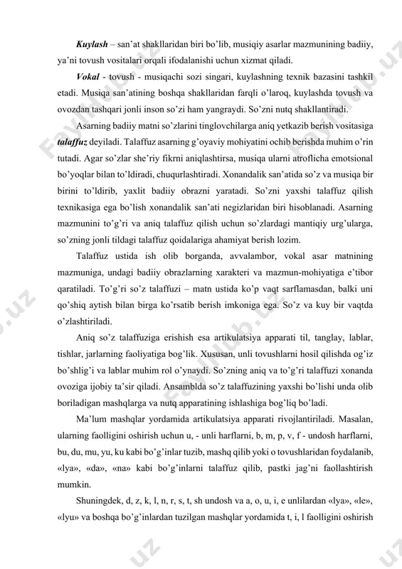 m mashqlar yordamida artikulatsiya apparati rivojlantiriladi. masalan, ularning faolligini oshirish uchun u, - unli harflarni, b, m, p, v, f - undosh harflarni, bu, du, mu, yu, ku kabi bo’g’inlar tuzib, mashq qilib yoki o tovushlaridan foydalanib, «lya», «da», «na» kabi bo’g’inlarni talaffuz qilib, pastki jag’ni faollashtirish mumkin. shuningdek, d, z, k, l, n, r, s, t, sh undosh va a, o, u, i, e unlilardan «lya», «le», «lyu» va boshqa bo’g’inlardan tuzilgan mashqlar yordamida t, i, l faolligini oshirish mumkin. masalan, qator so’zlar tuzib, kecha-tun, shahar, daraxt, dorboz undoshlarini qattiq, unlilarni esa yumshoq talaffuz qilish yo’li bilan undoshlar talaffuzlarini yaxshilash mumkin.undoshlarning yaxshi talaffuzi esa unlilarni yaqqol oydinlashtiradi. kuylashda nafas olish texnikasi ovoz tarbiyasining asosiy mezonlaridan biri xonandalarning to’g’ri nafas olishiga, uni ushlash va tejamli sarflashga o’rganish hisoblanadi. nafas asarning sur’atiga, jumlalarning katta-kichikligiga qarab bir maromda tez, yengil, ravon va chuqur olinadi. nafas olishda gavda, bo’yinning to’g’ri erkin holda bo’lishi, …