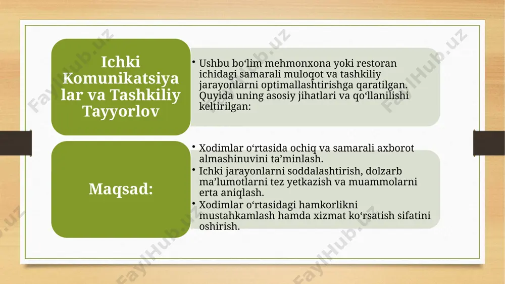 , tahlil va feedback bo‘limi mehmonxona va restoranning muvaffaqiyatini ta’minlash uchun zarur bo‘lgan eng muhim vositadir. u tashkilotning raqobatbardoshligini oshirishi, mijozlar bilan yanada mustahkam aloqalarni o‘rnatishi va xizmat sifati doimiy ravishda yaxshilanishiga olib keladi. e’tiboringiz uchun rahmat image5.png image6.png image7.jpeg image8.jpeg image9.jpeg image10.jpeg image3.png image4.png /docprops/thumbnail.jpeg